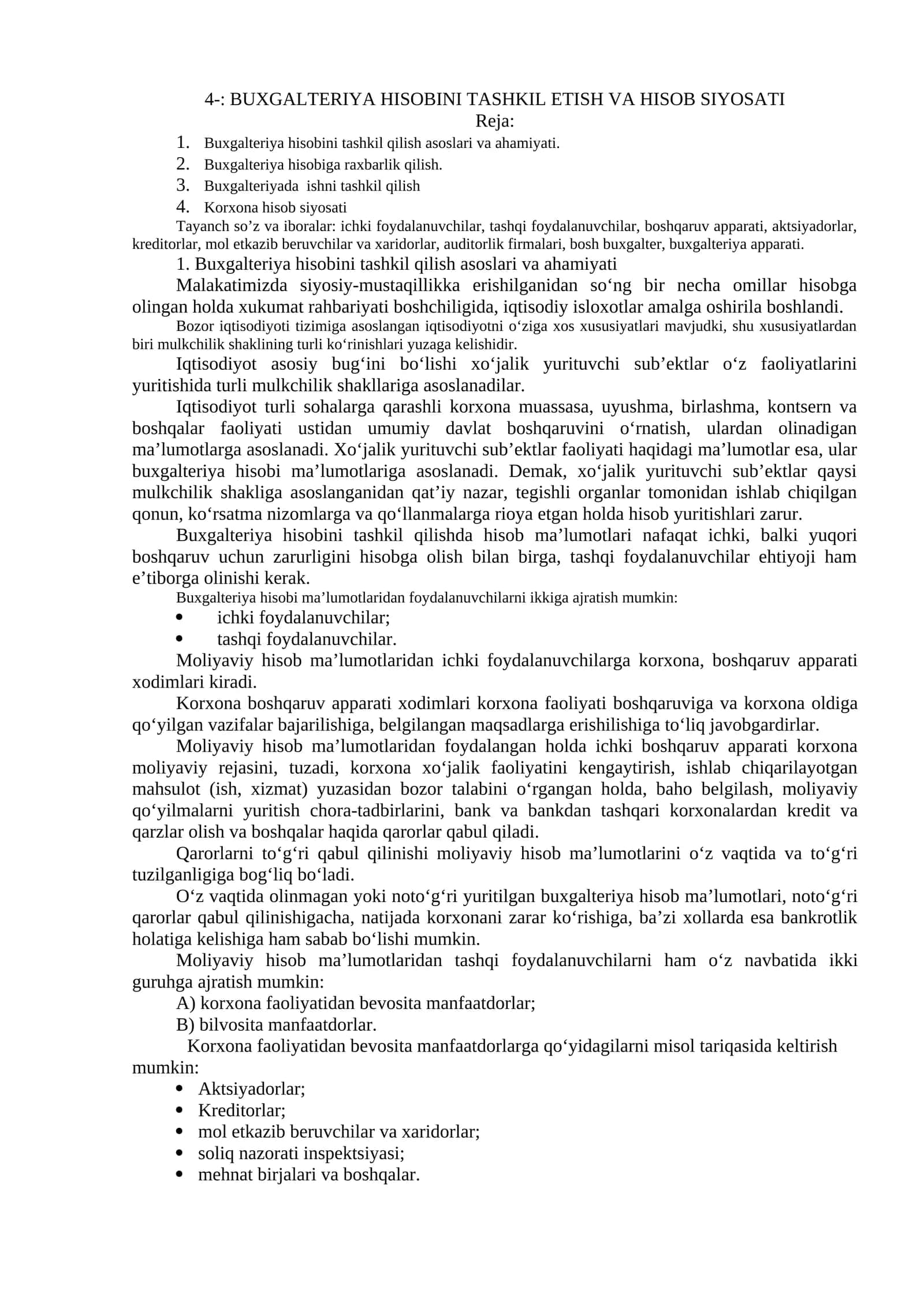 BUXGALTERIYA HISOBINI TASHKIL ETISH VA HISOB SIYOSATI