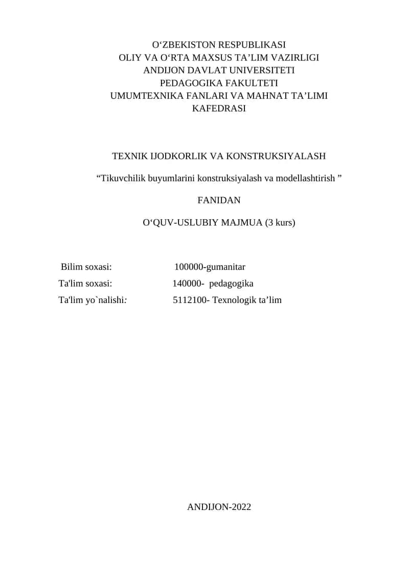 Tikuvchilik buyumlarini konstruksiyalash va modellashtirish