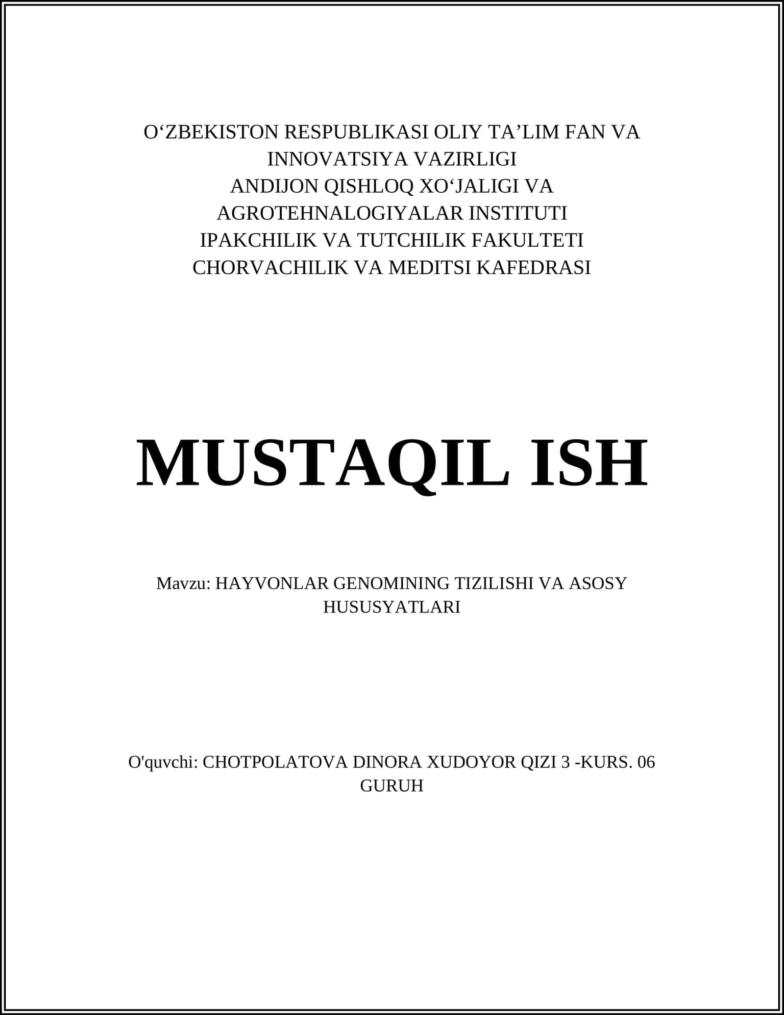 HAYVONLAR GENOMINING TIZILISHI VA ASOSY HUSUSYATLARI