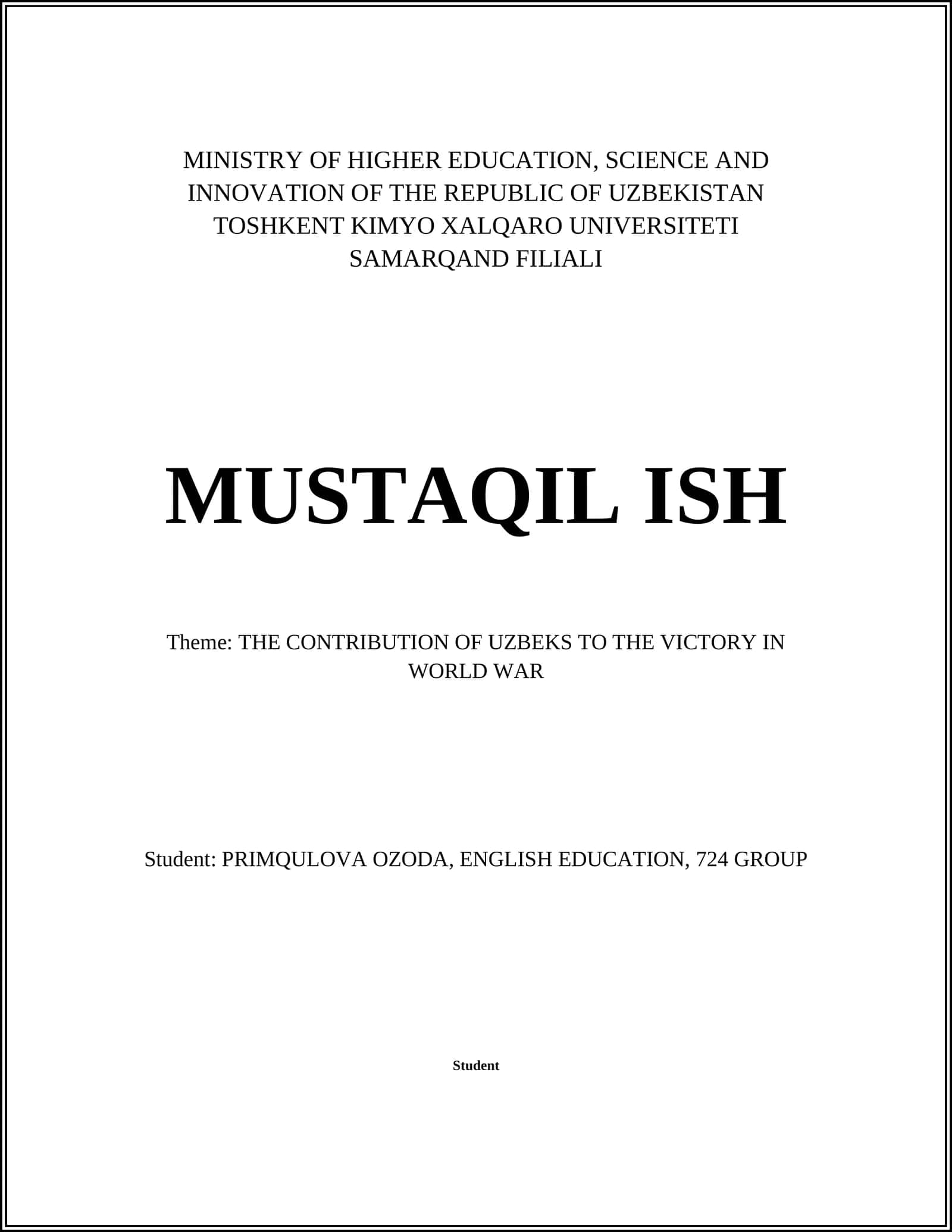 The CONTRIBUTION OF UZBEKS TO THE VICTORY IN WORLD WAR