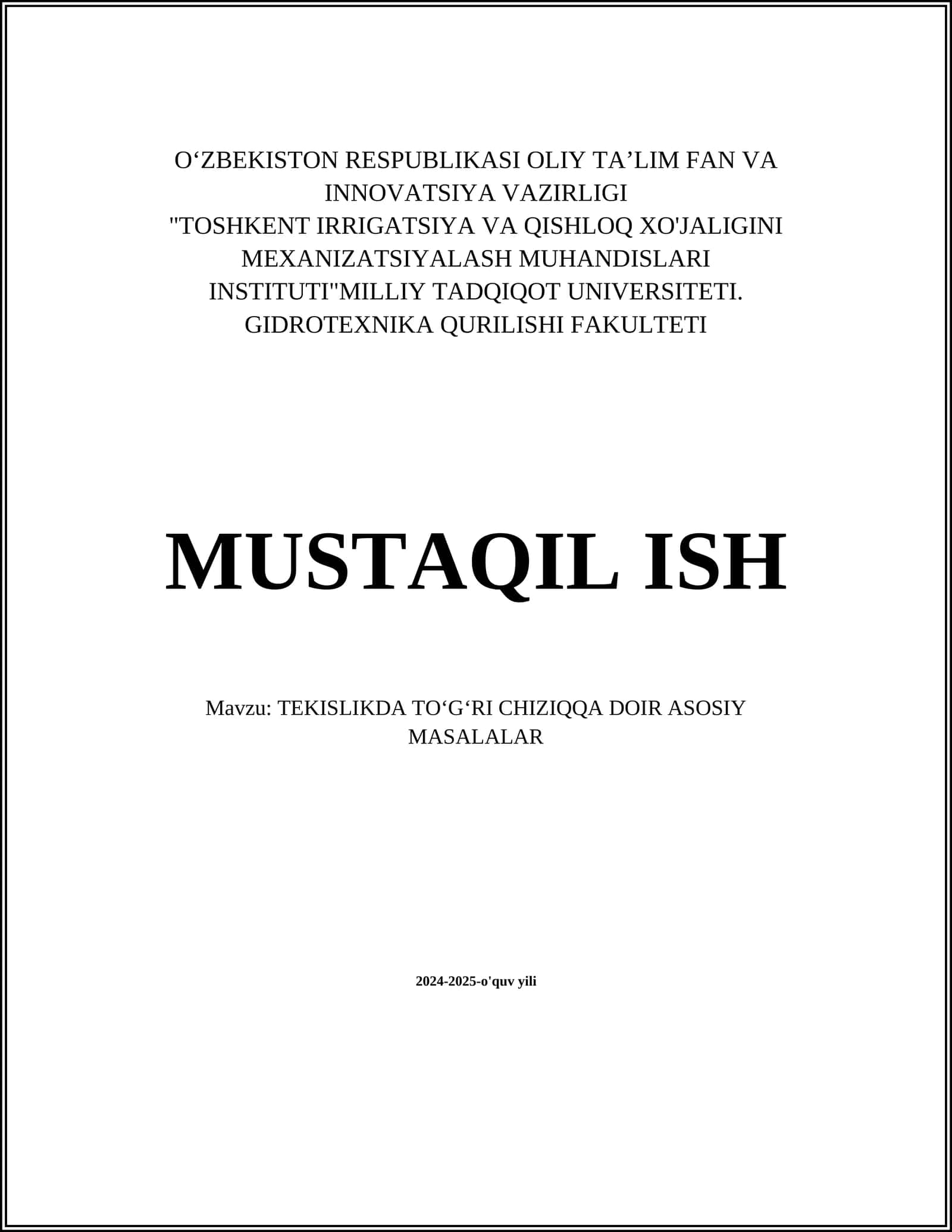 TEKISLIKDA TOʻGʻRI CHIZIQQA DOIR ASOSIY MASALALAR