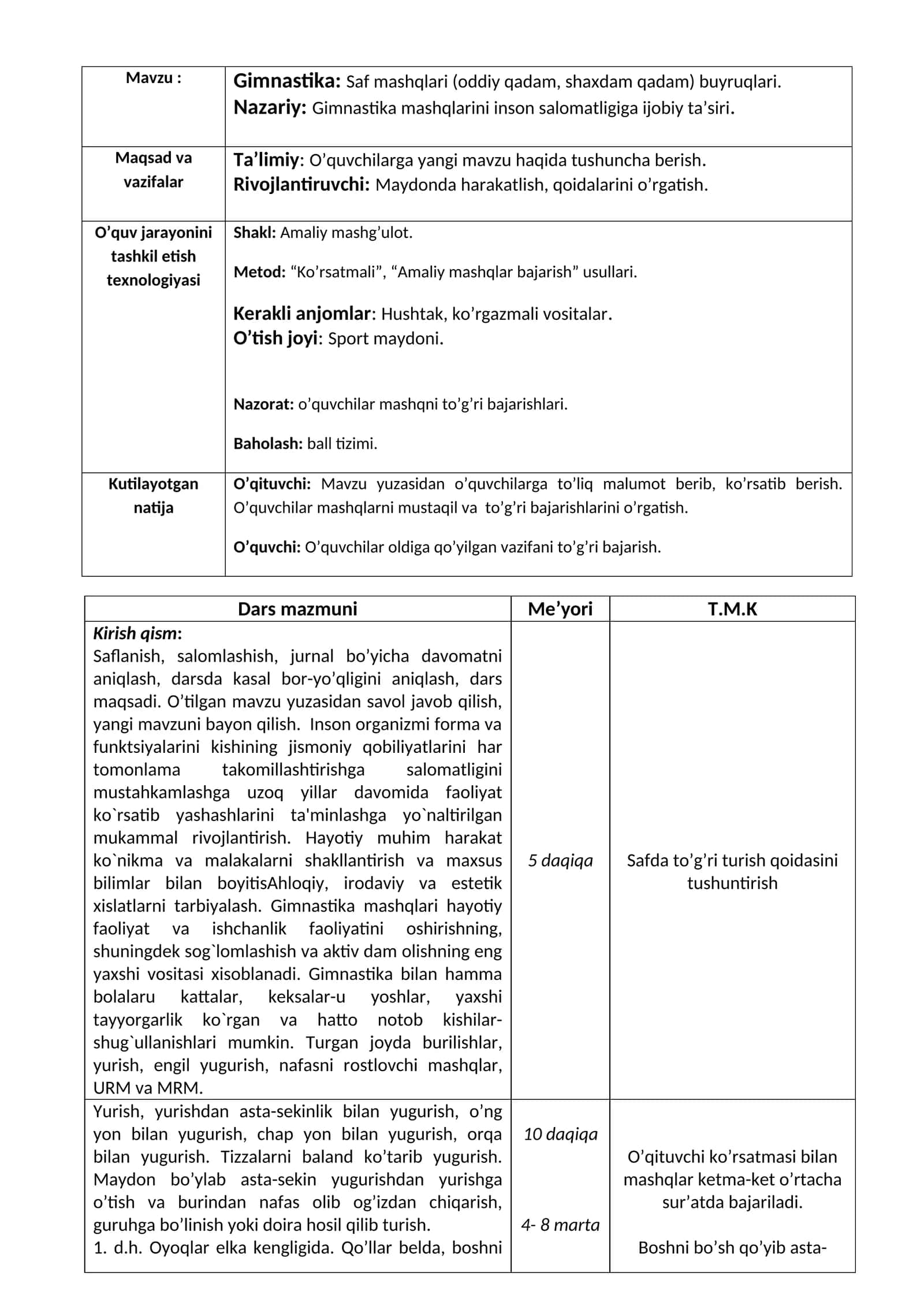 Gimnastika: Saf mashqlari (oddiy qadam, shaxdam qadam) buyruqlari