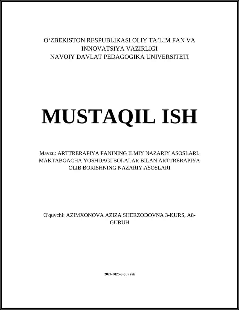 ARTTRERAPIYA FANINING ILMIY NAZARIY ASOSLARI. MAKTABGACHA YOSHDAGI BOLALAR BILAN ARTTRERAPIYA OLIB BORISHNING NAZARIY ASOSLARI