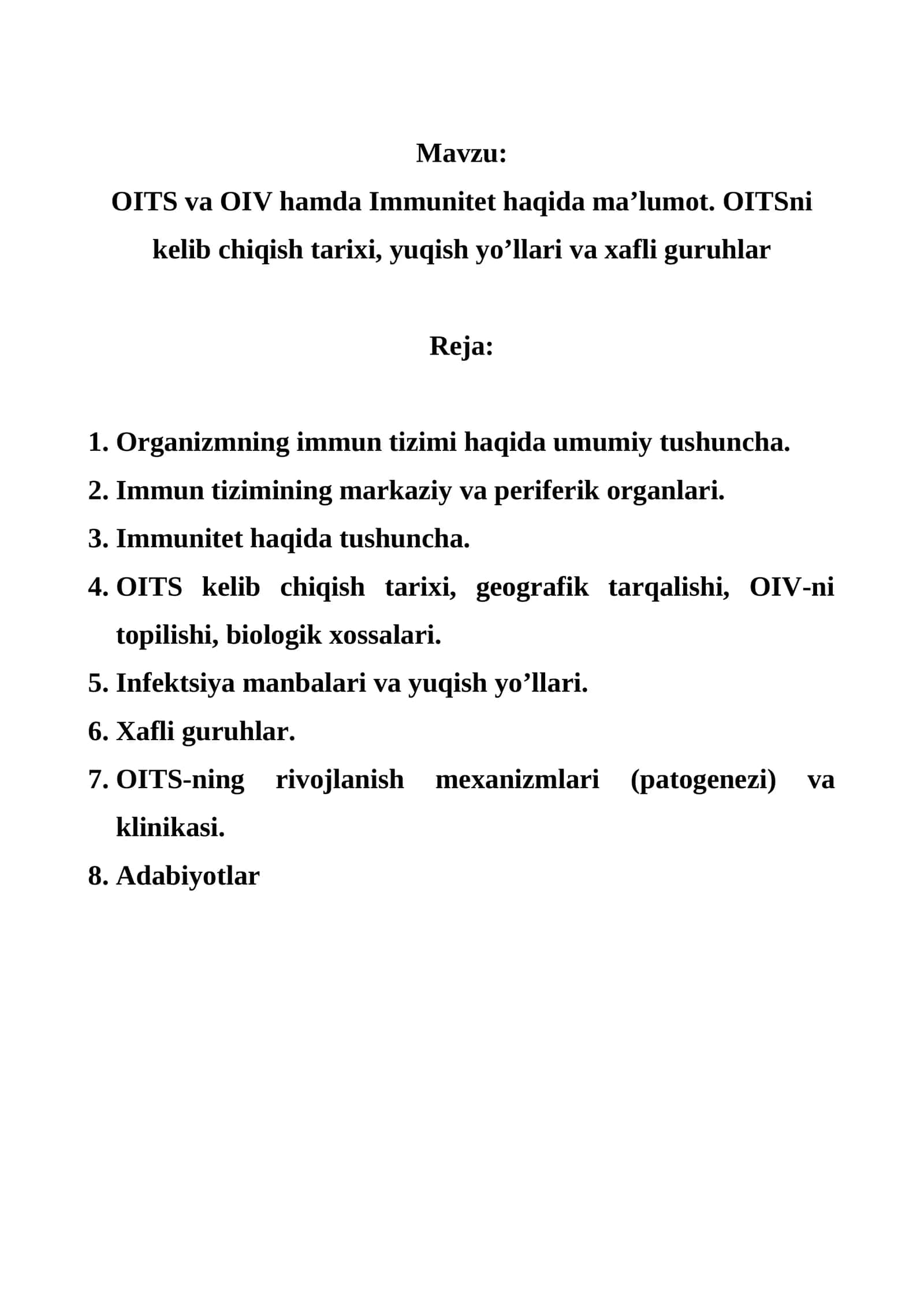 OITS va OIV hamda Immunitet haqida ma’lumot. OITSni kelib chiqish tarixi, yuqish yo’llari va xavfli guruhlar
