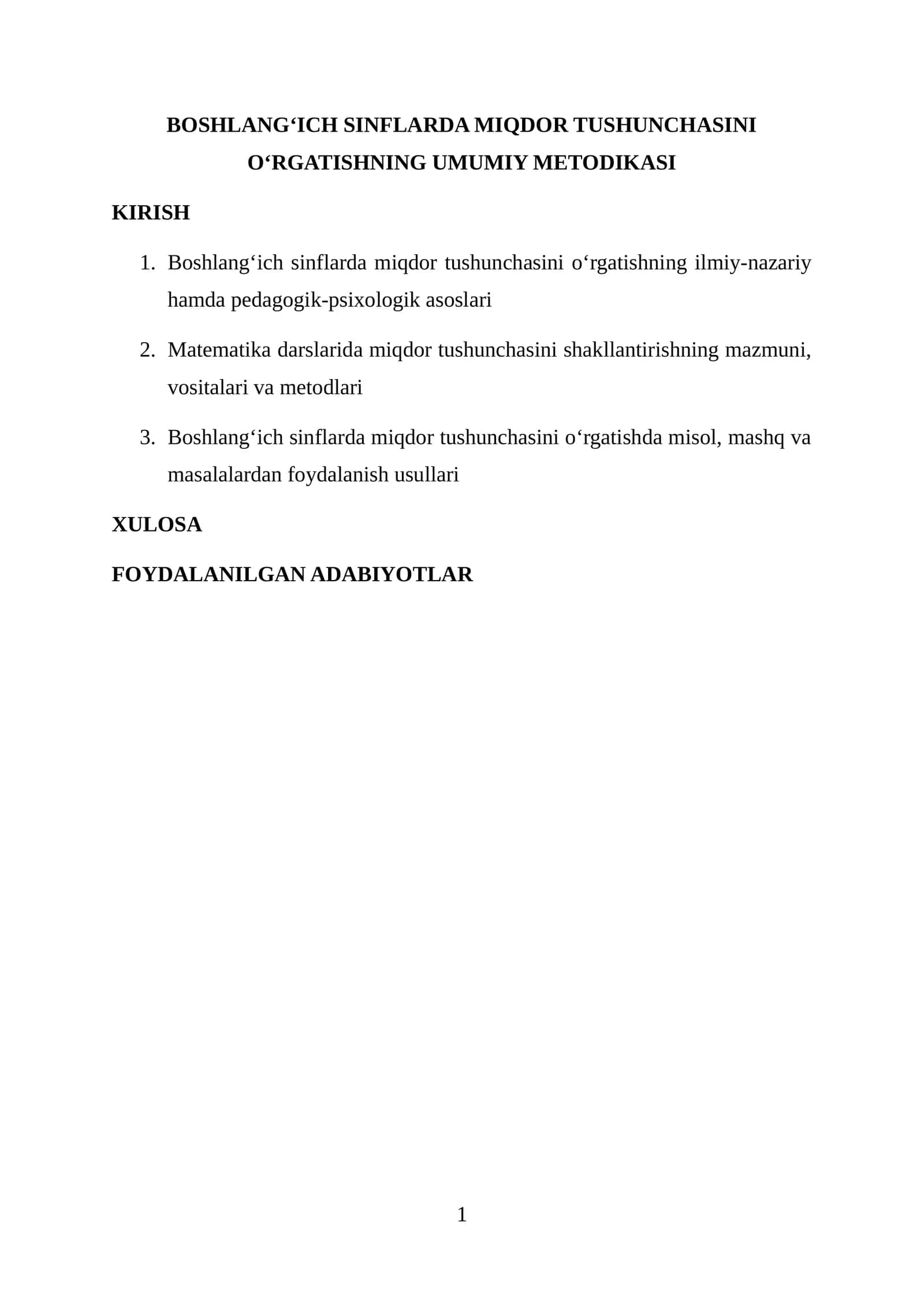 BOSHLANG‘ICH SINFLARDA MIQDOR TUSHUNCHASINI O‘RGATISHNING UMUMIY METODIKASI