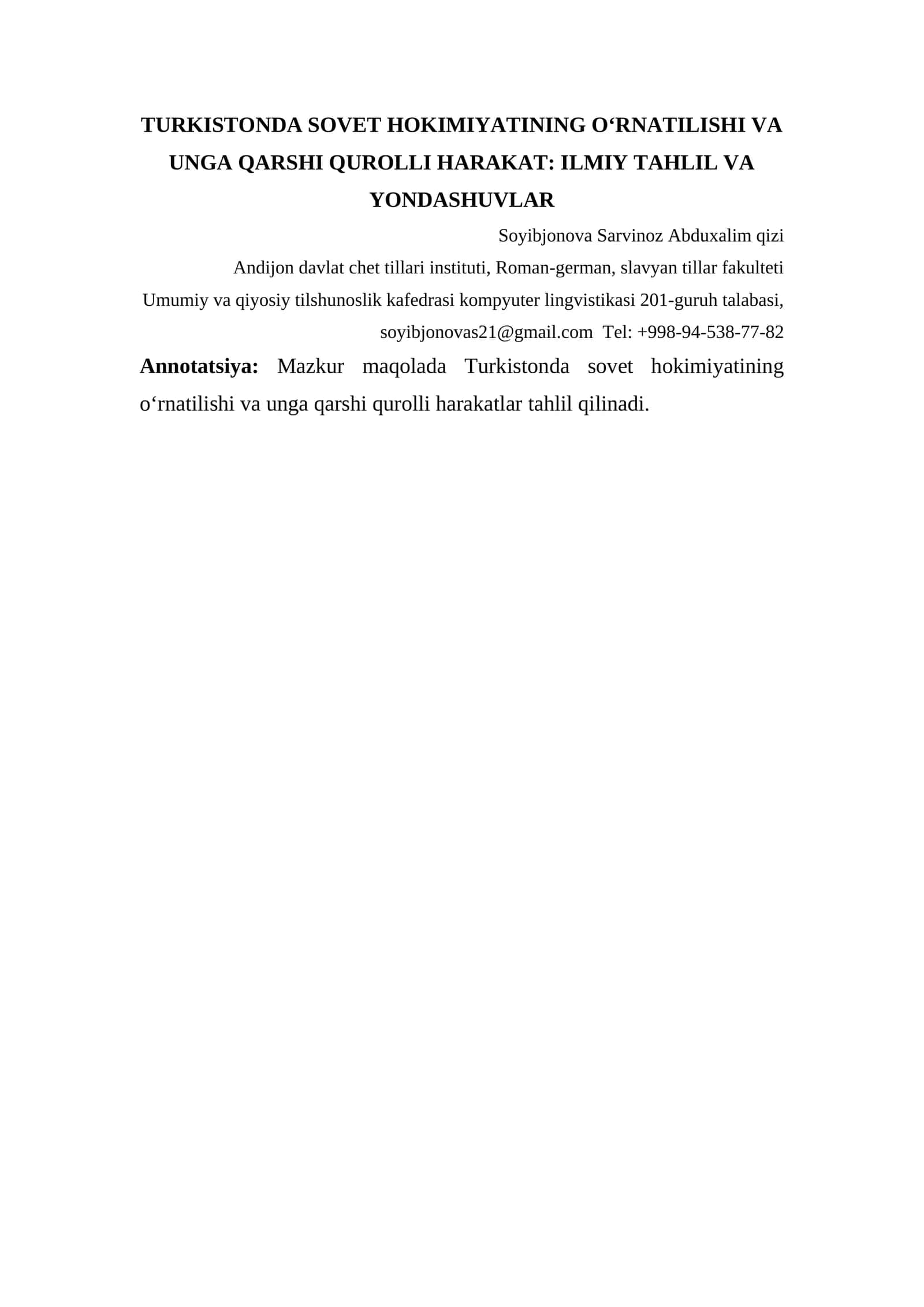 TURKISTONDA SOVET HOKIMIYATINING O‘RNATILISHI VA UNGA QARSHI QUROLLI HARAKAT: ILMIY TAHLIL VA YONDASHUVLAR
