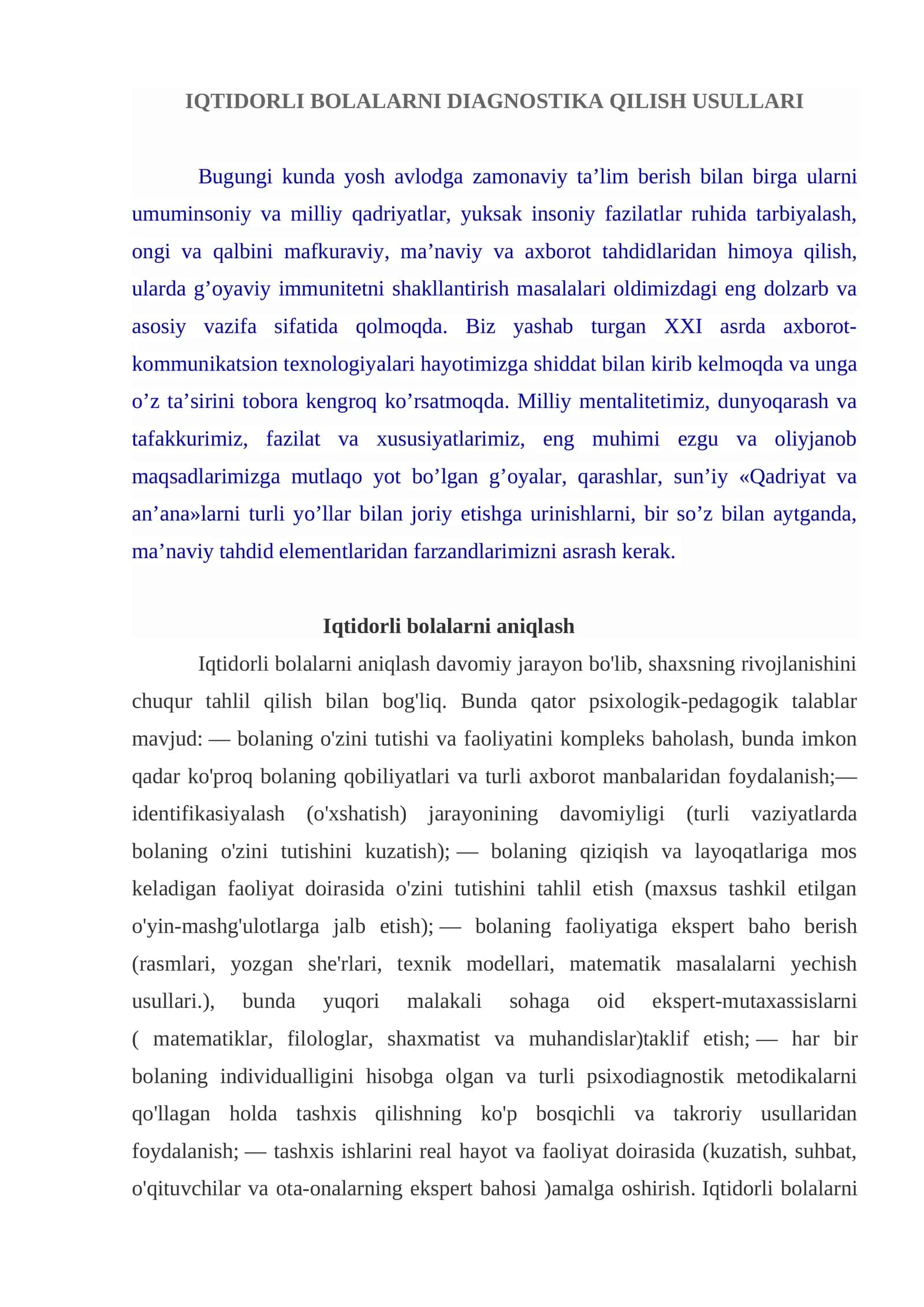 Iqtidorli bolalarni diagnostika qilish usullari