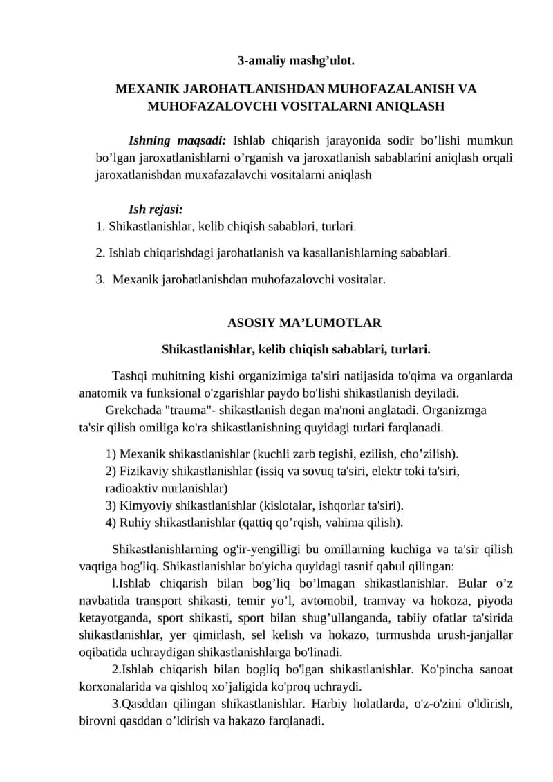Mexanik jarohatlanishdan muhofazalanish va muhofazalovchi vositalarni aniqlash