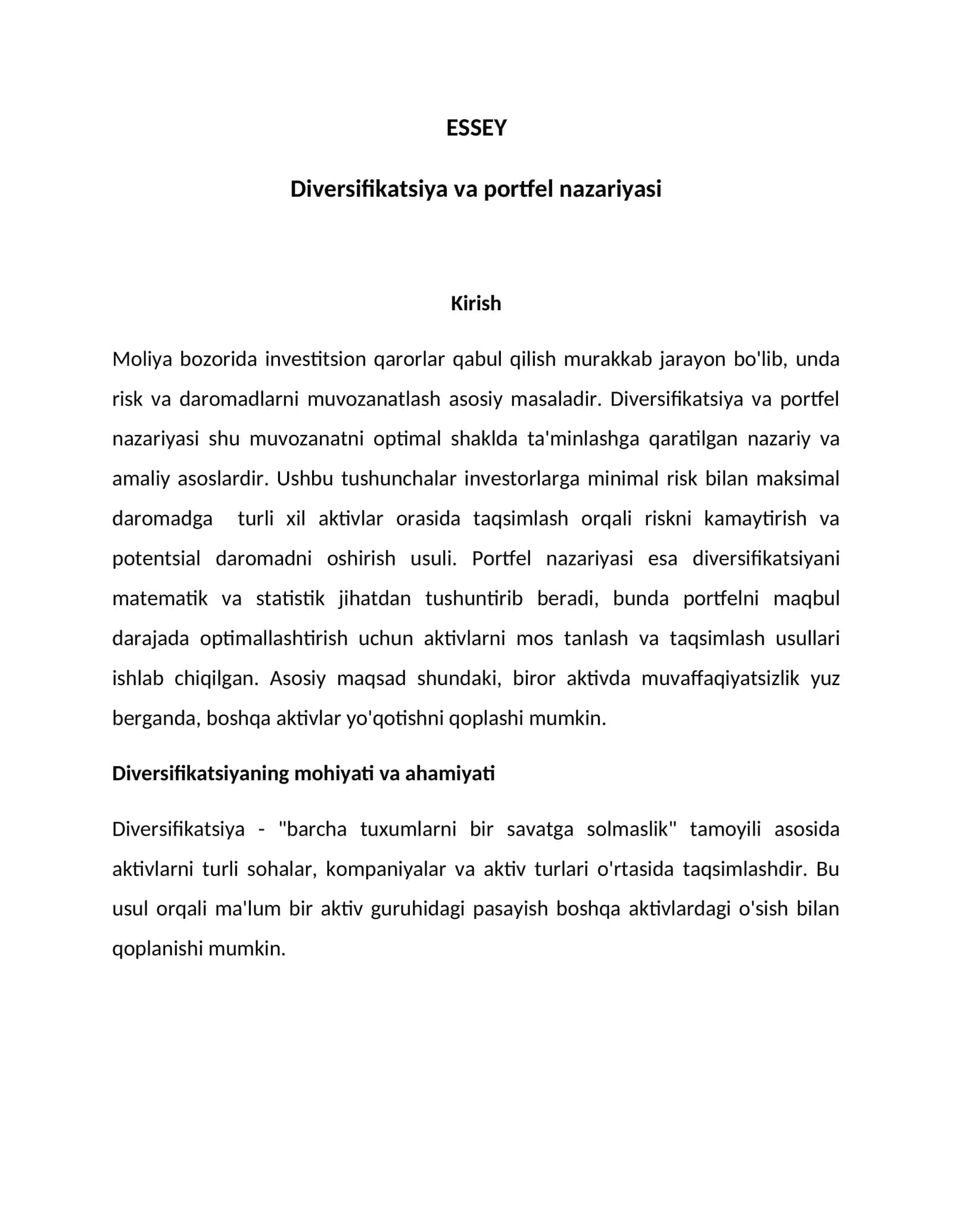 Diversifikatsiya va portfel nazariyasi