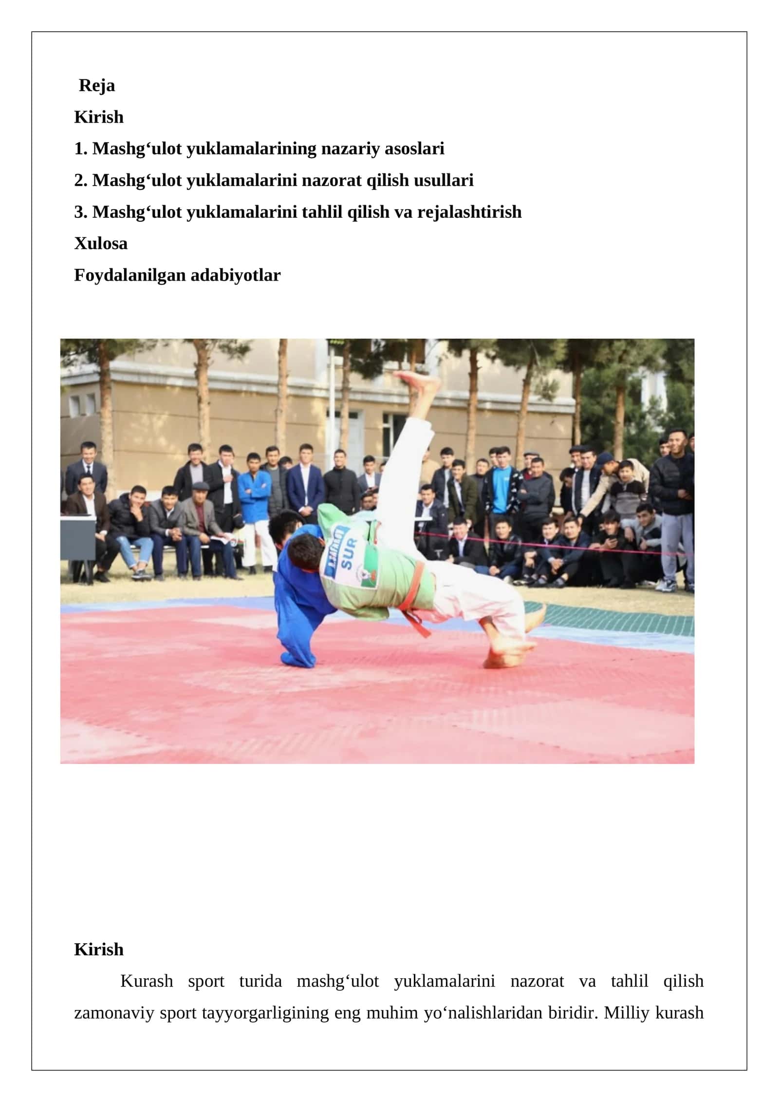 Kurash sport turida mashg‘ulot yuklamalari nazorati va tahlili