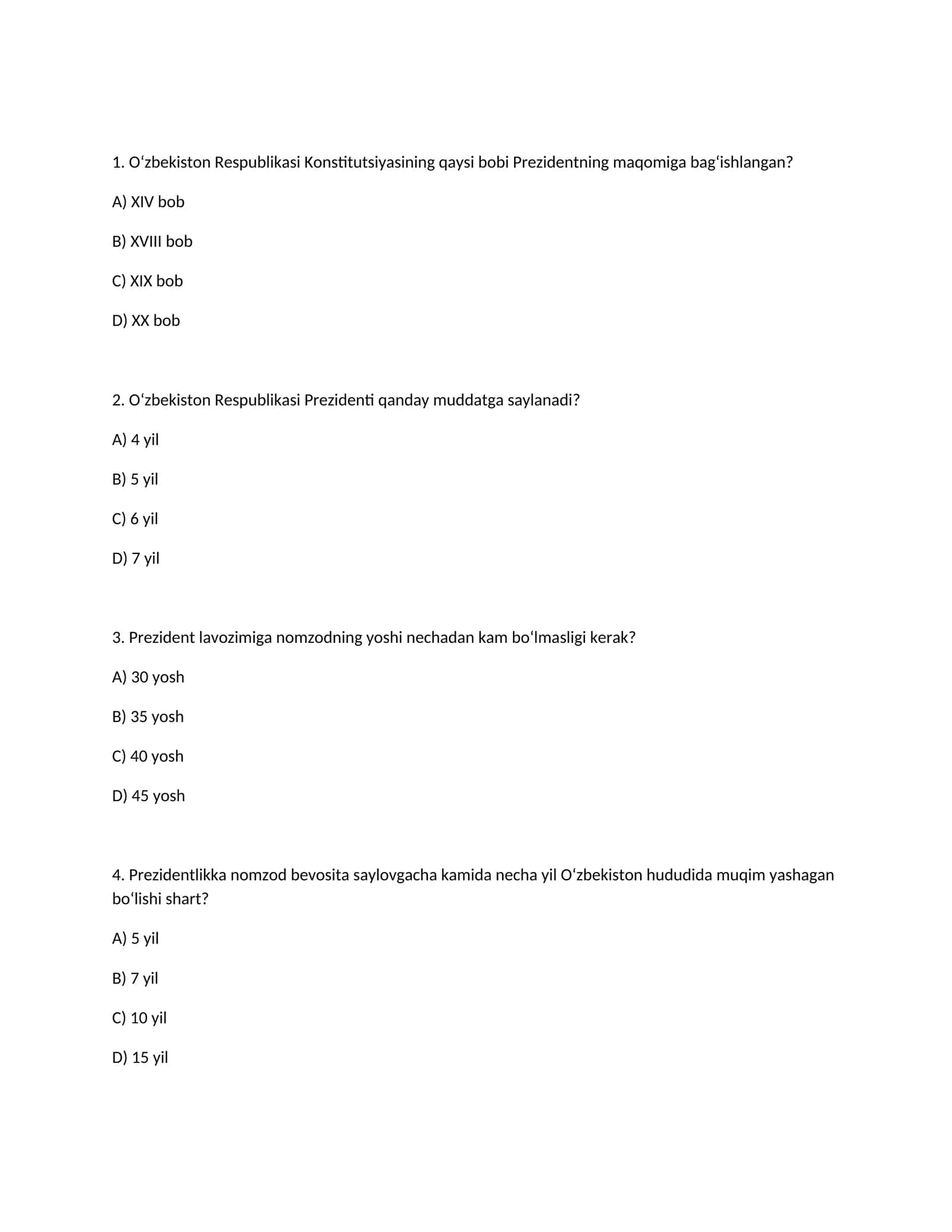 Oʻzbekiston Respublikasi Prezidentining maqomi va saylovi boʻyicha savol-javoblar