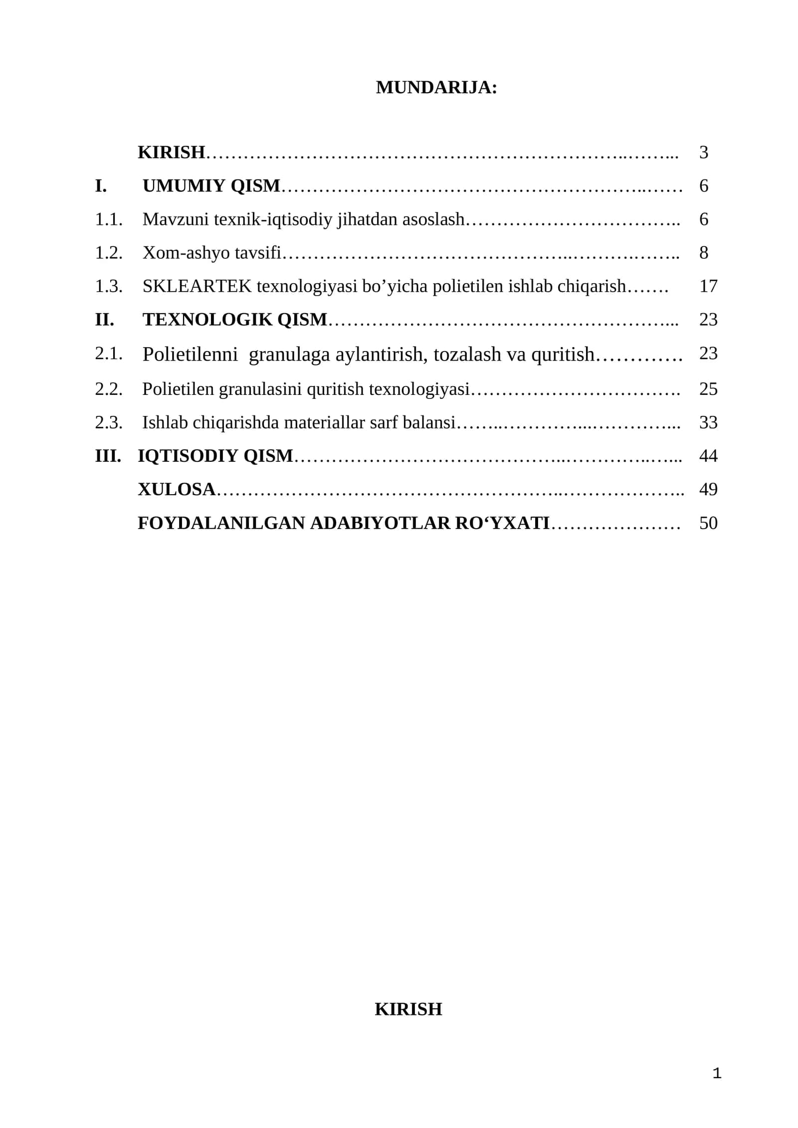 Polietilen granulalarini quritish bo‘limini takomillashtirish.