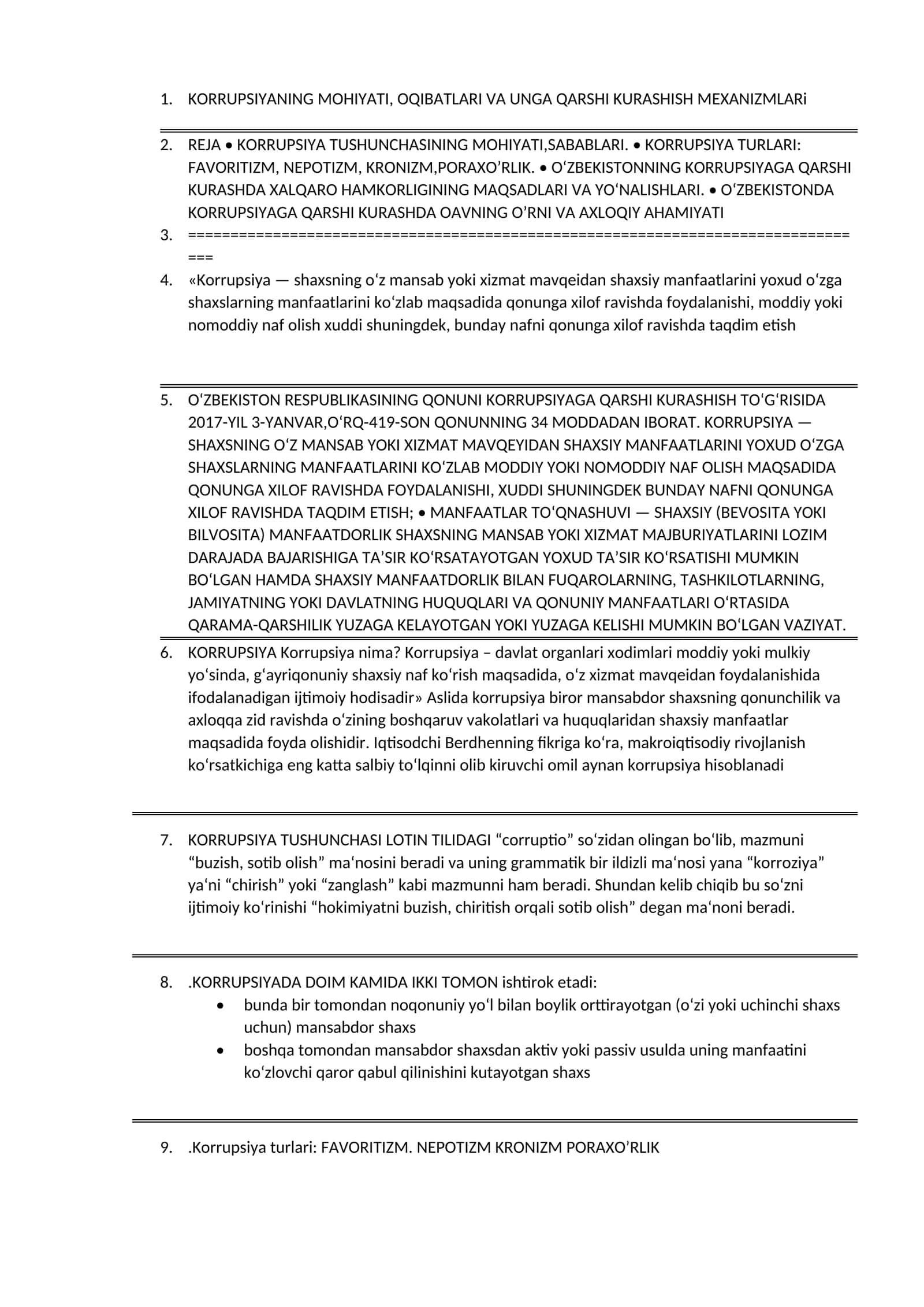KORRUPSIYANING MOHIYATI, OQIBATLARI VA UNGA QARSHI KURASHISH MEXANIZMLARI