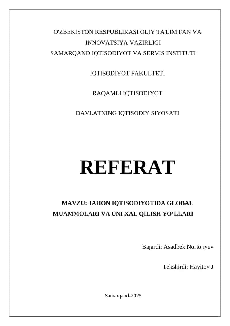 DAVLATNING IQTISODIY SIYOSATI REFERAT