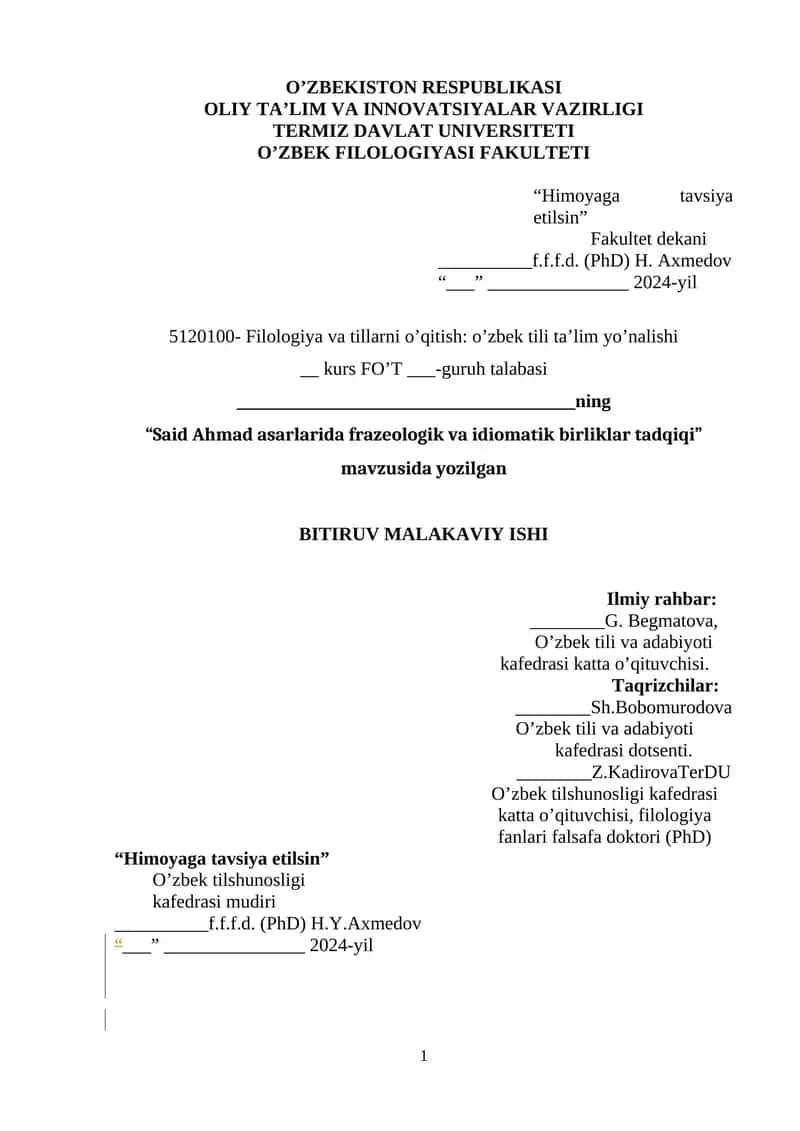 Said Ahmad asarlarida frazeologik va idiomatik birliklar tadqiqi
