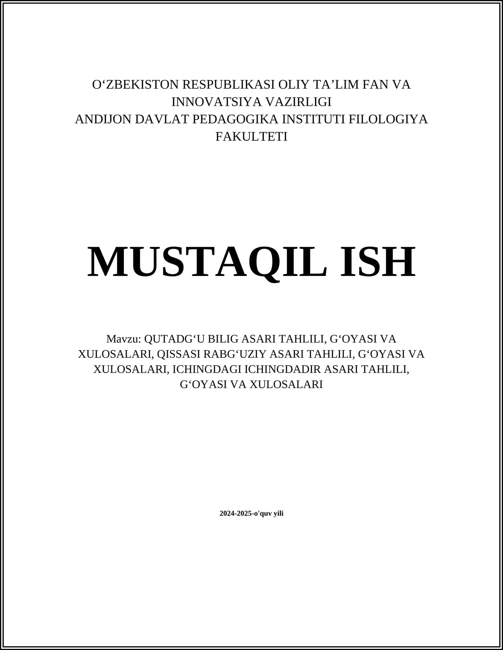 QUTADGʻU BILIG ASARI TAHLILI