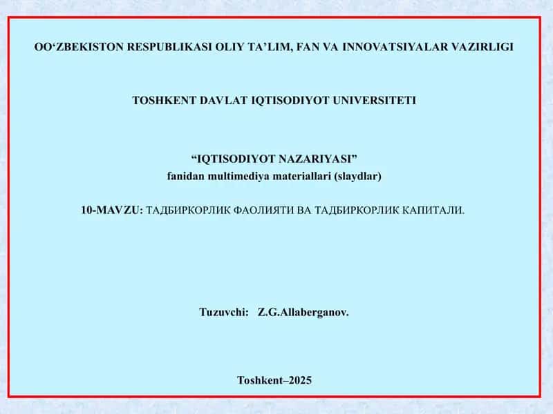 Tadbirkorlik faoliyati va tadbirkorlik kapitali