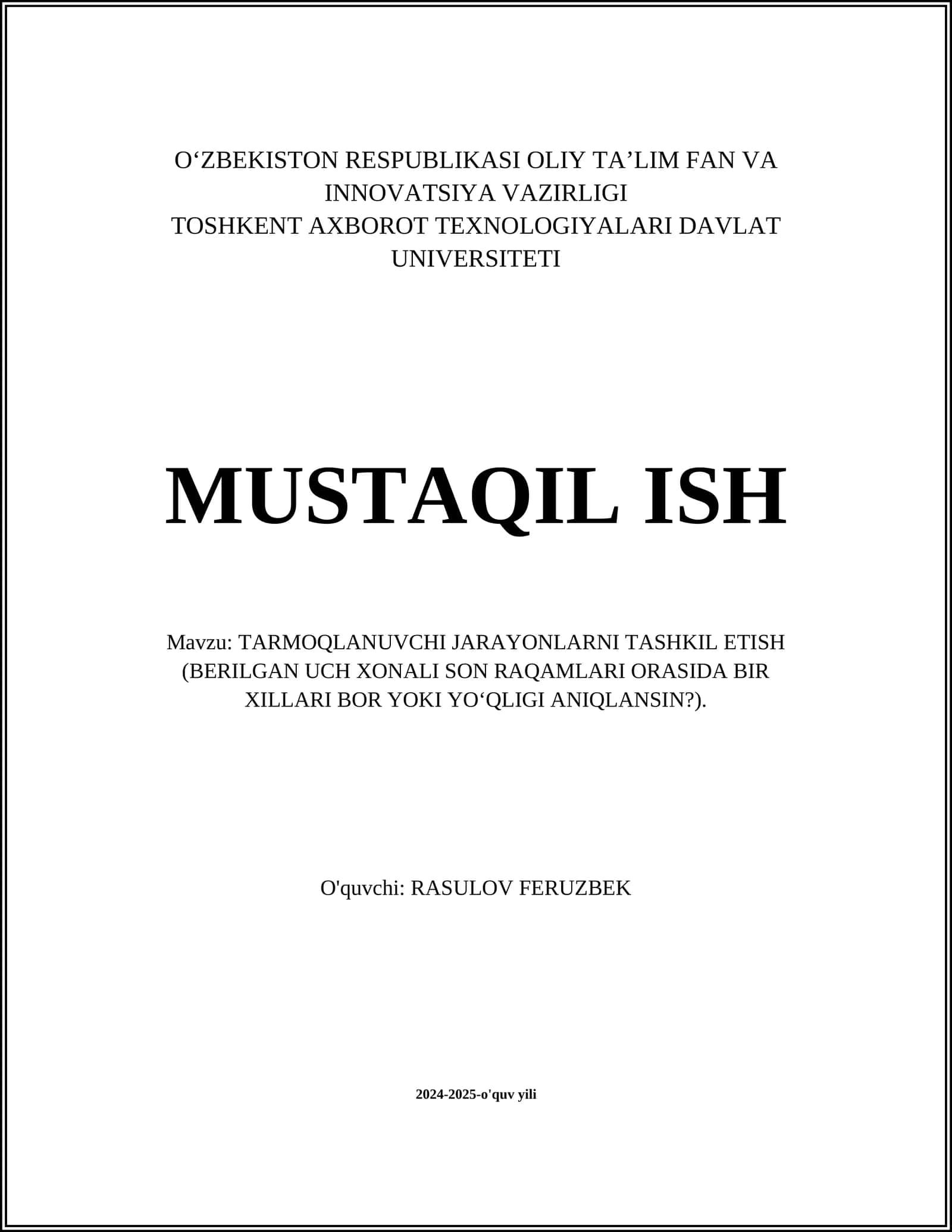 TARMOQLANUVCHI JARAYONLARNI TASHKIL ETISH