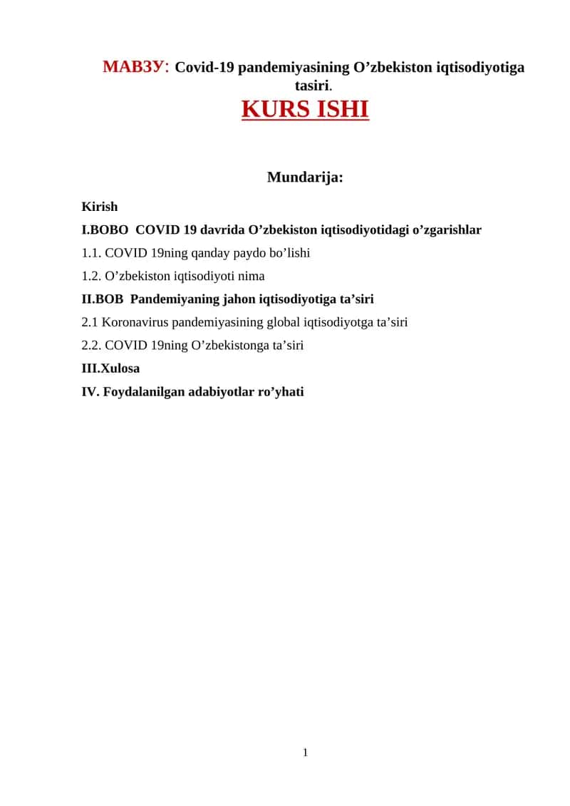 Covid-19 pandemiyasining O’zbekiston iqtisodiyotiga tasiri