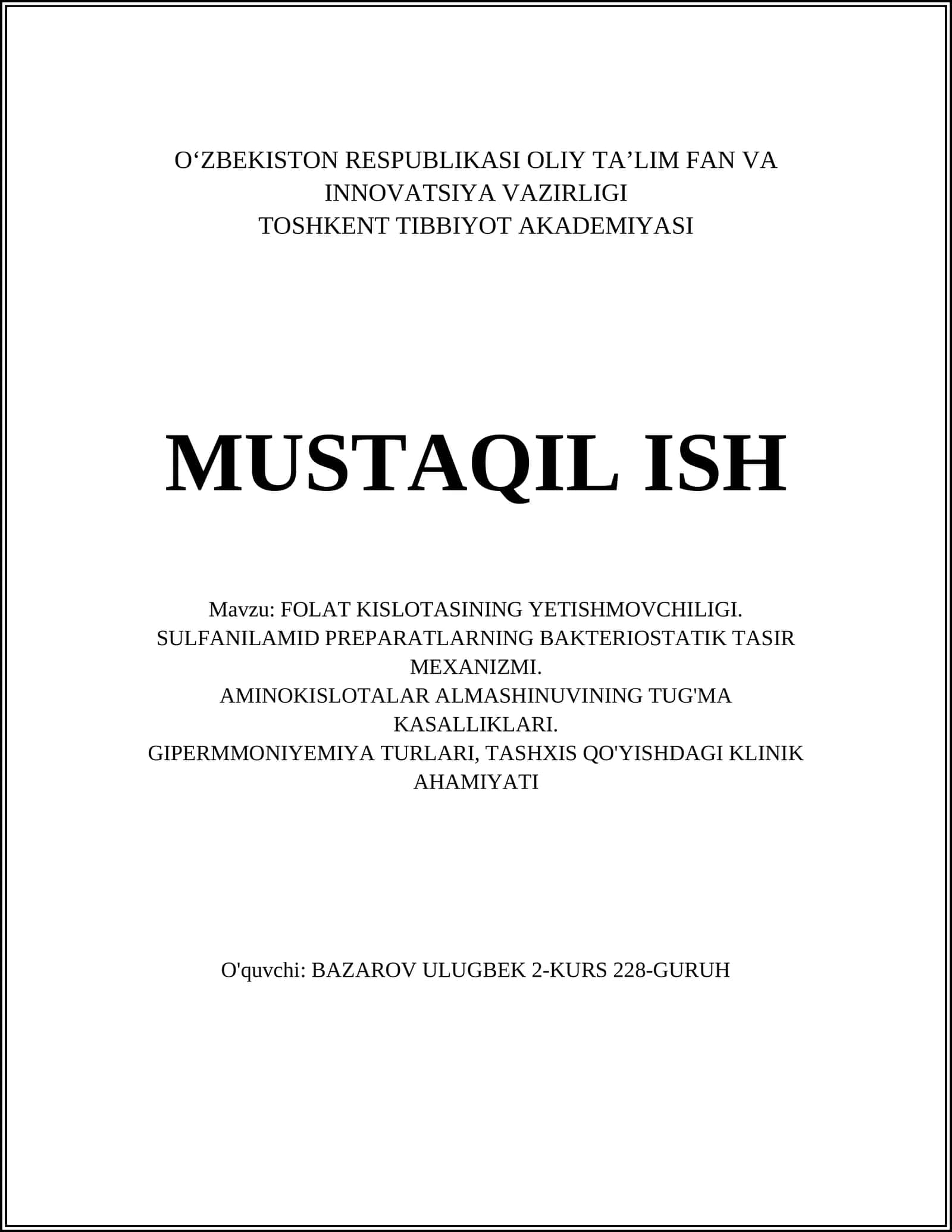 FOLAT KISLOTASINING YETISHMOVCHILIGI