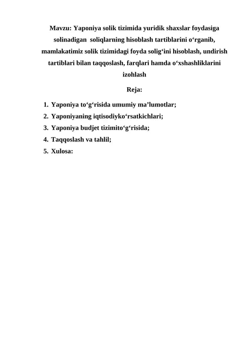 Yaponiya solik tizimida yuridik shaxslar foydasiga solinadigan soliqlarning hisoblash tartiblarini o‘rganish