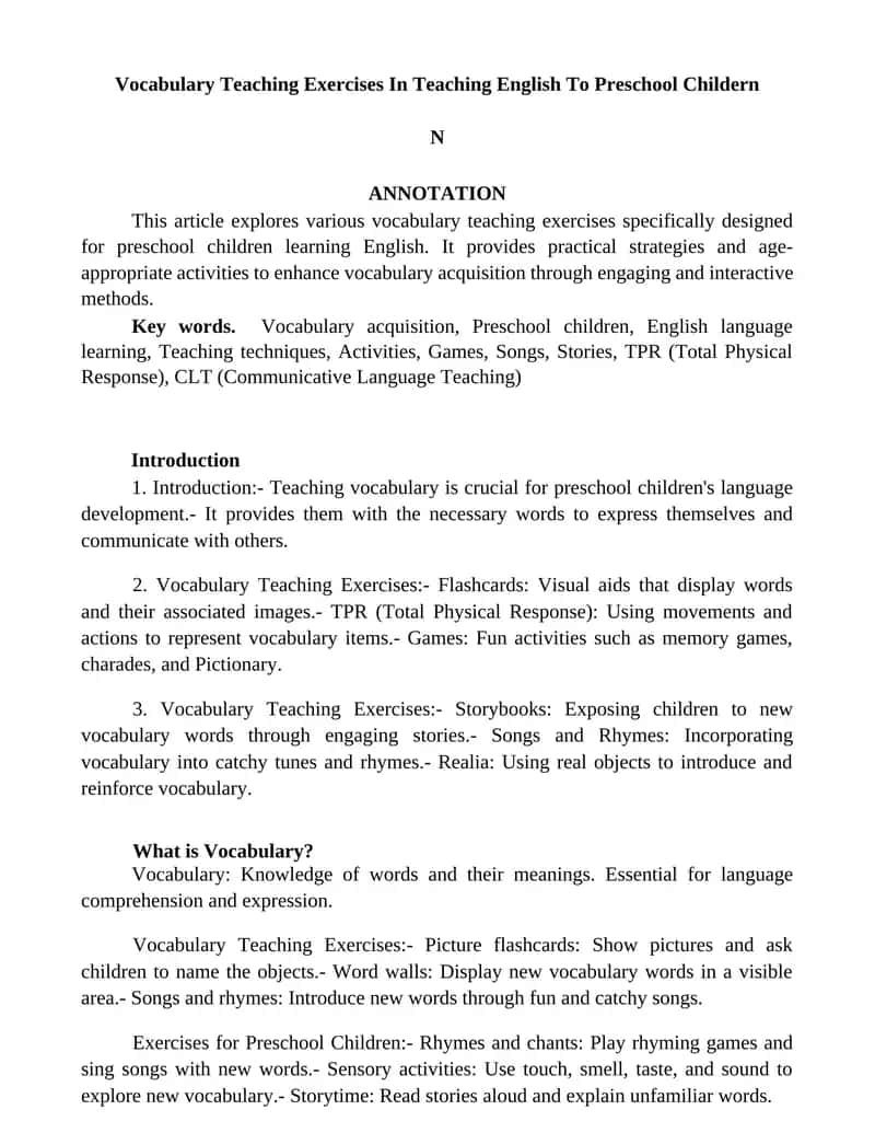 Vocabulary Teaching Exercises In Teaching English To Preschool Childern