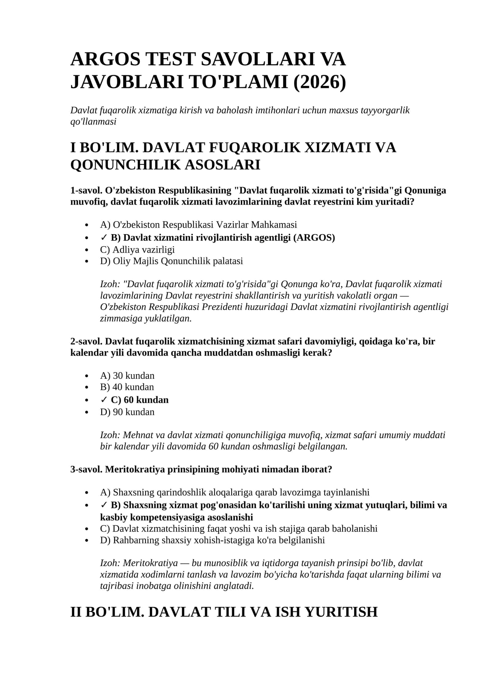 ARGOS test savollari va javoblari toʻplami (2026-yilgi yangilangan baza)