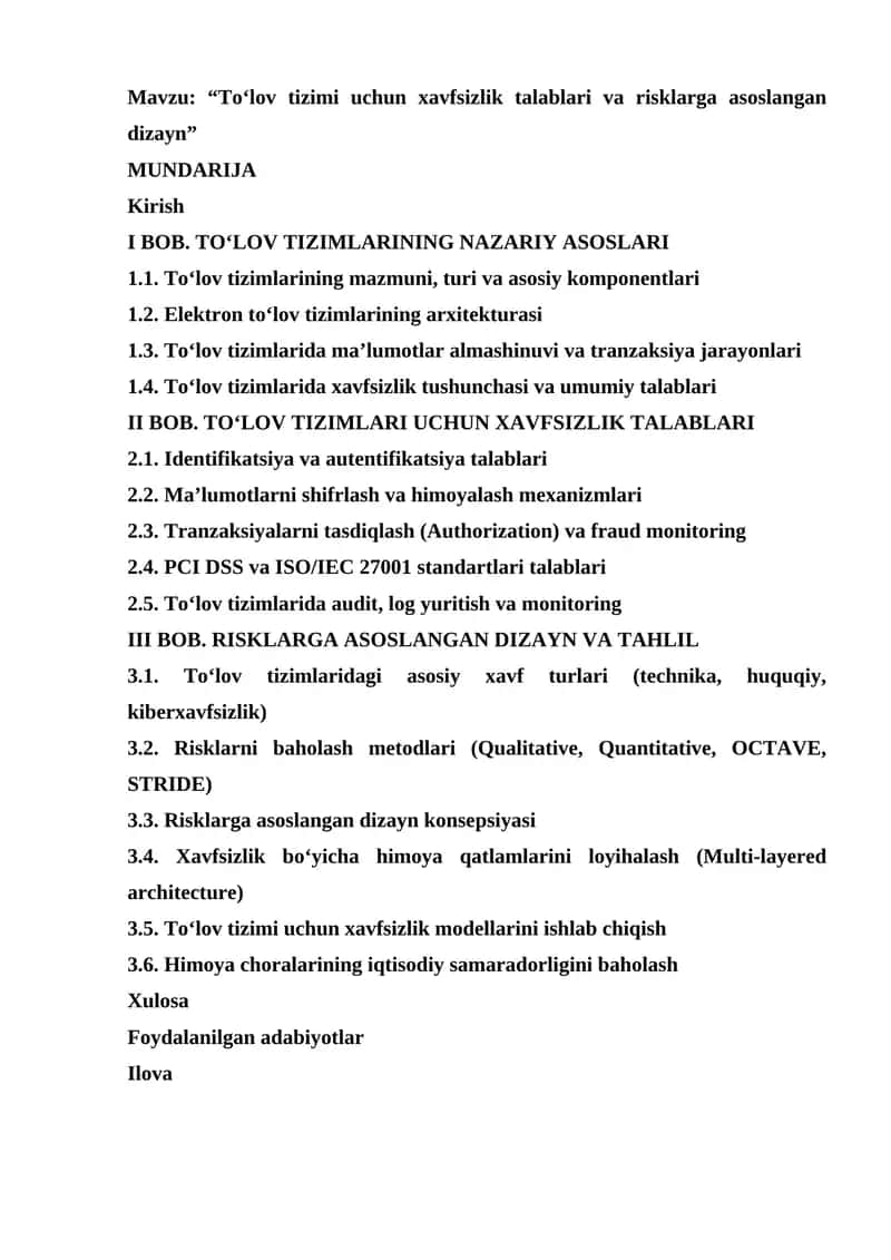 To‘lov tizimi uchun xavfsizlik talablari va risklarga asoslangan dizayn