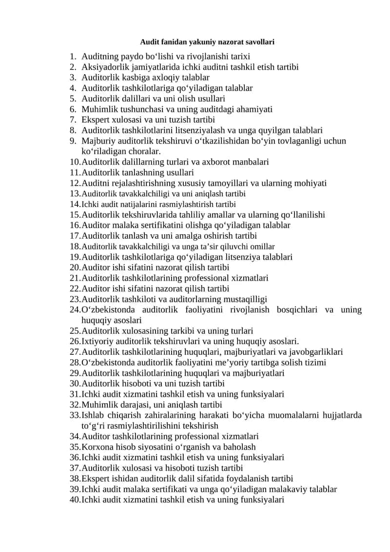 Audit fanidan yakuniy nazorat savollari