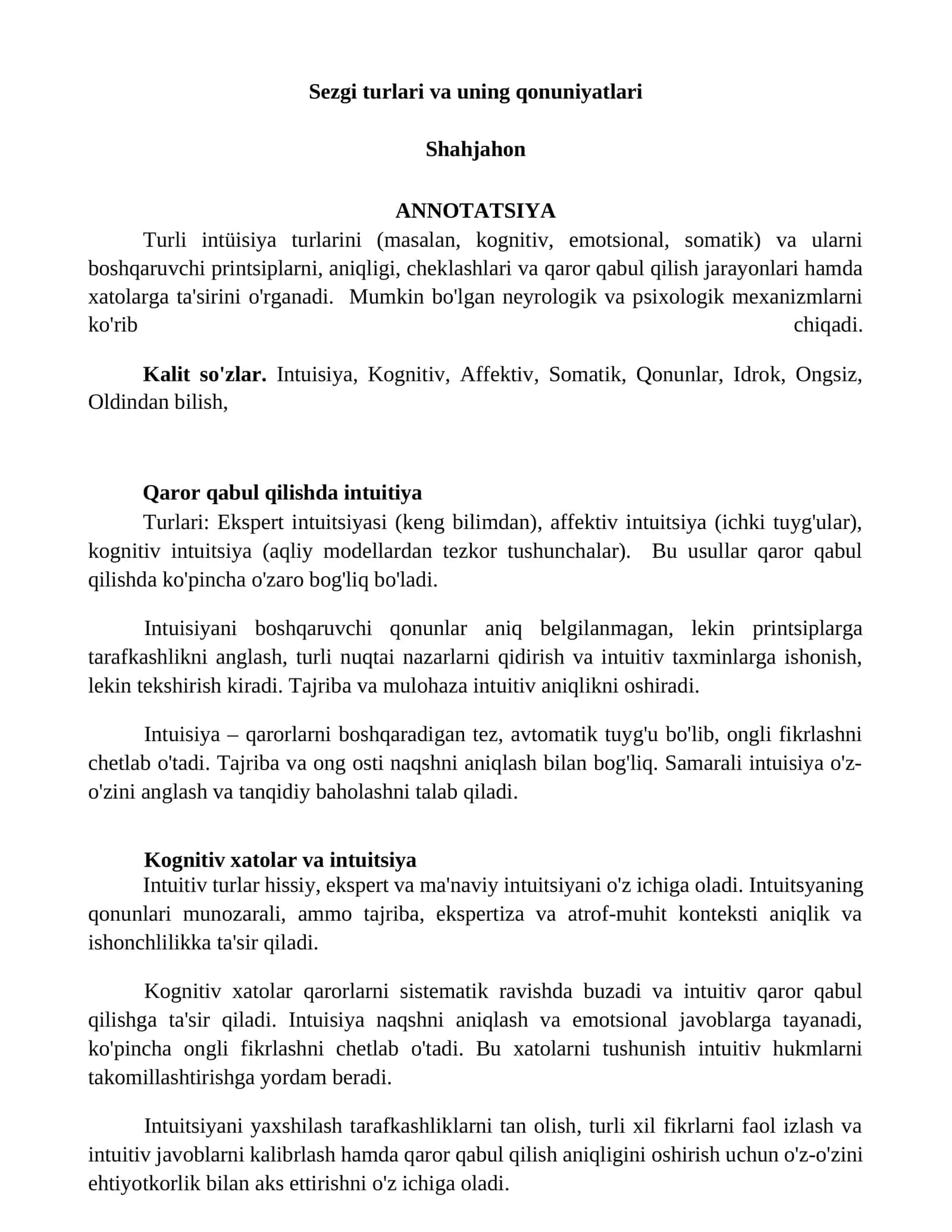 Sezgi turlari va uning qonuniyatlari