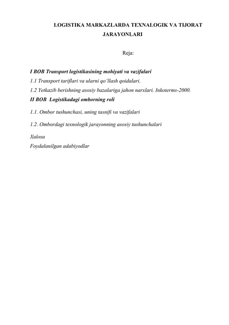BOB Transport logistikasining mohiyati va vazifalari
