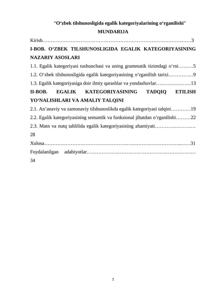 Oʻzbek tilshunosligida Egalik kategoriyalarining oʻrganilishi