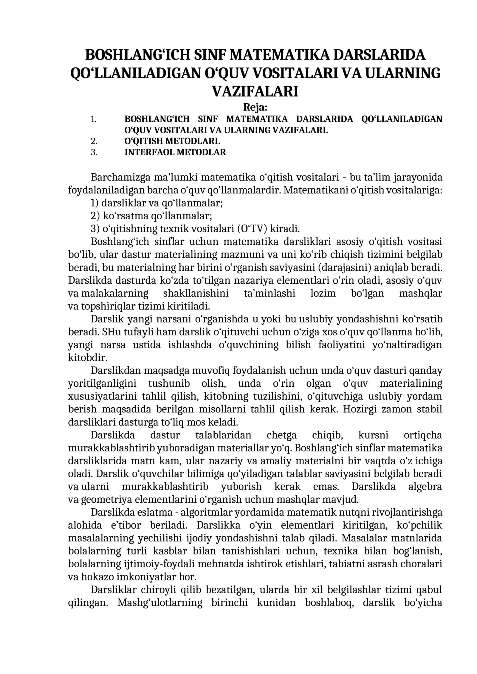 BOSHLANG‘ICH SINF MATEMATIKA DARSLARIDA QO‘LLANILADIGAN O‘QUV VOSITALARI VA ULARNING VAZIFALARI