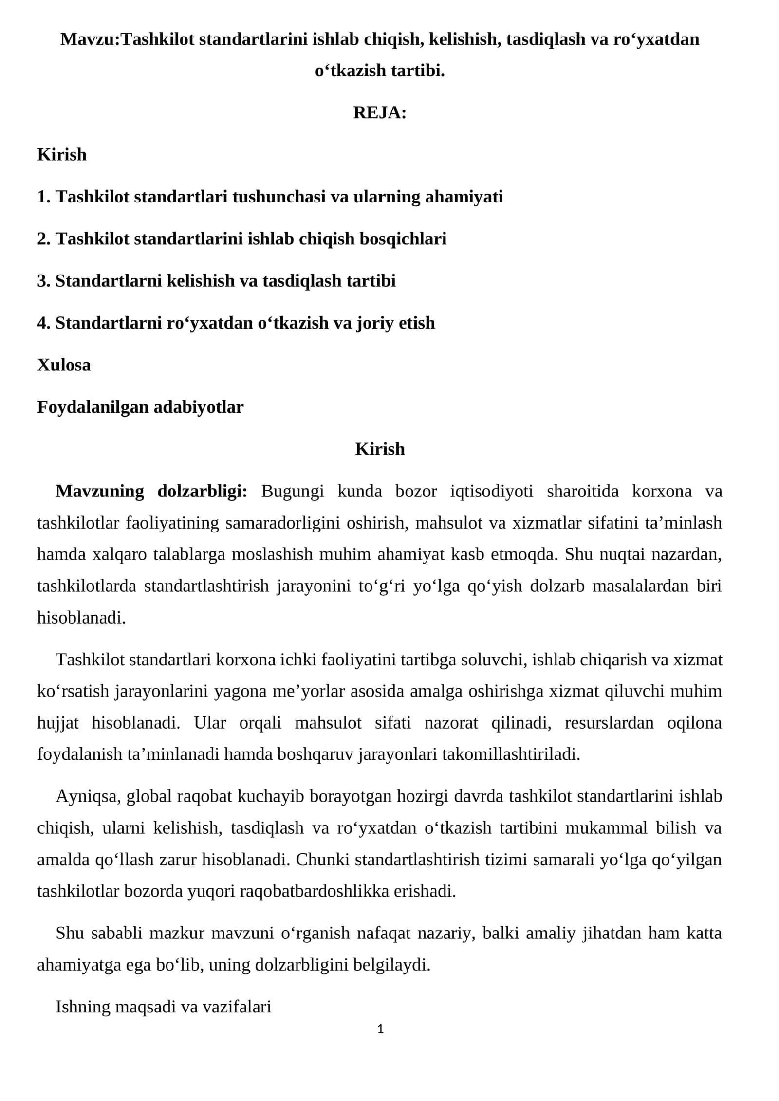 Tashkilot standartlarini ishlab chiqish, kelishish, tasdiqlash va ro‘yxatdan o‘tkazish tartibi