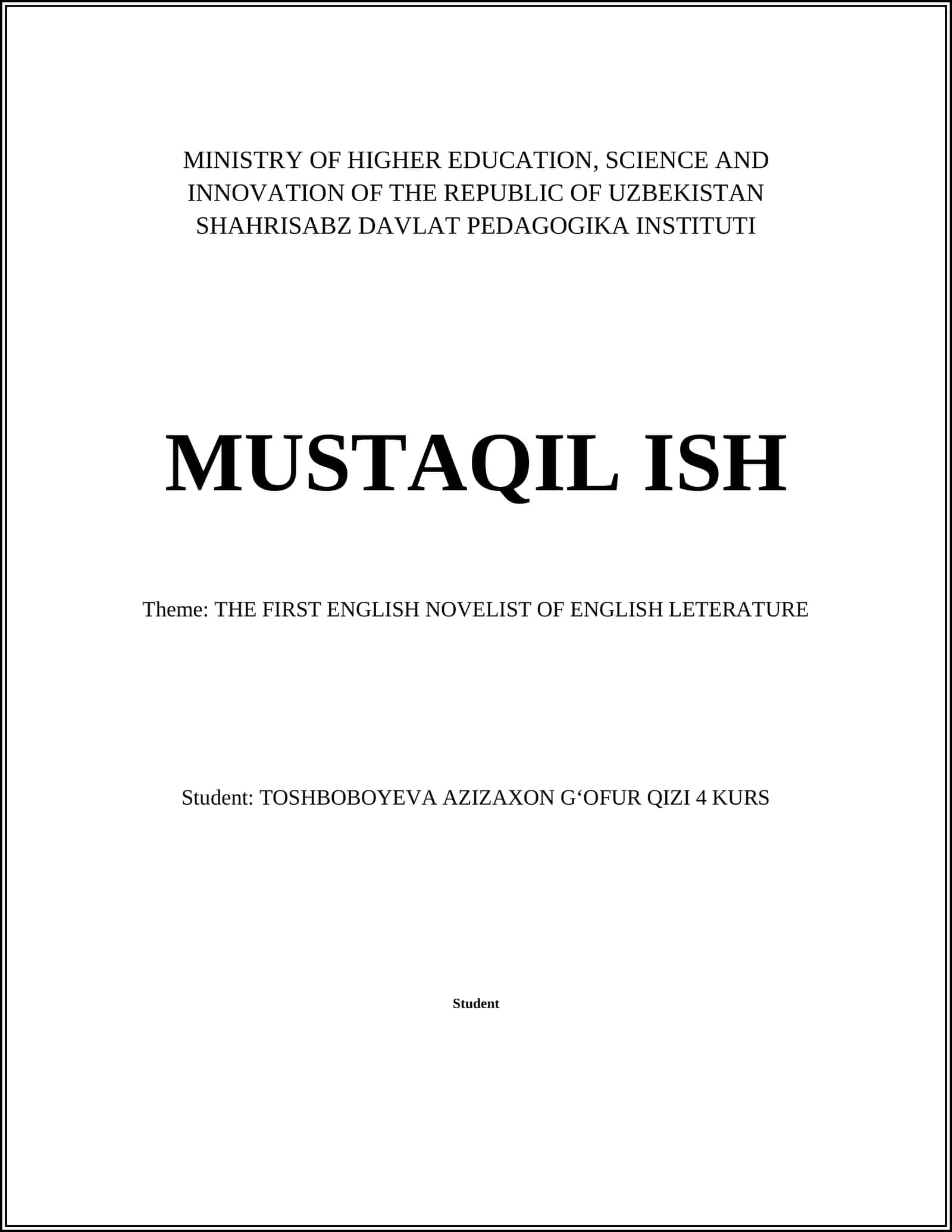 THE FIRST ENGLISH NOVELIST OF ENGLISH LETERATURE