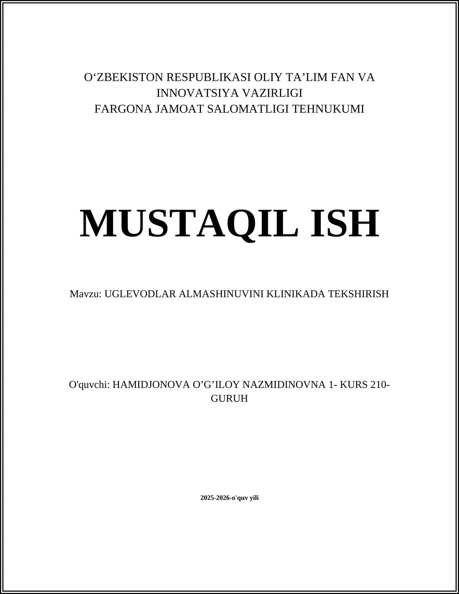 UGLEVODLAR ALMASHINUVINI KLINIKADA TEKSHIRISH
