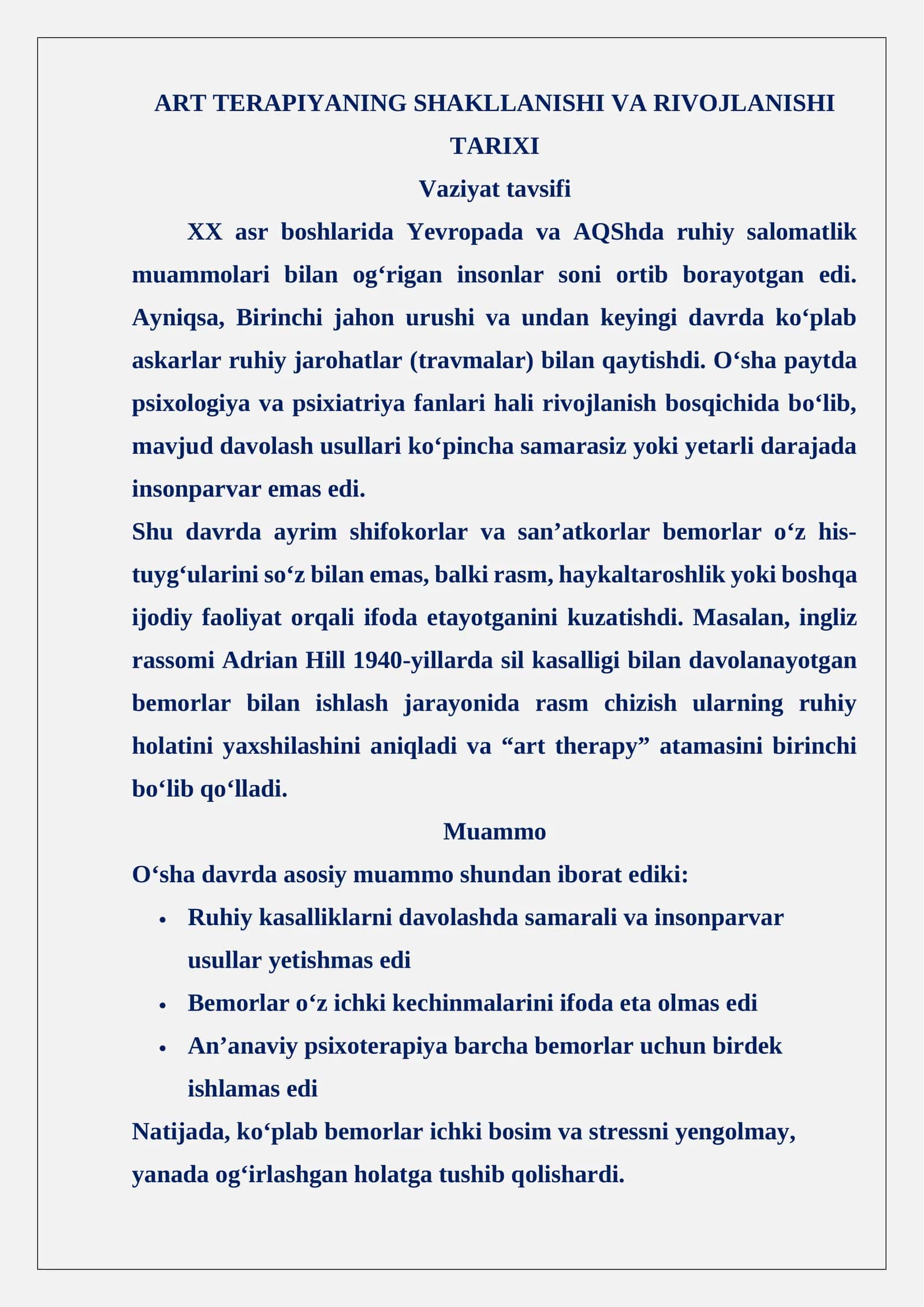ART TERAPIYANING SHAKLLANISHI VA RIVOJLANISHI TARIXI