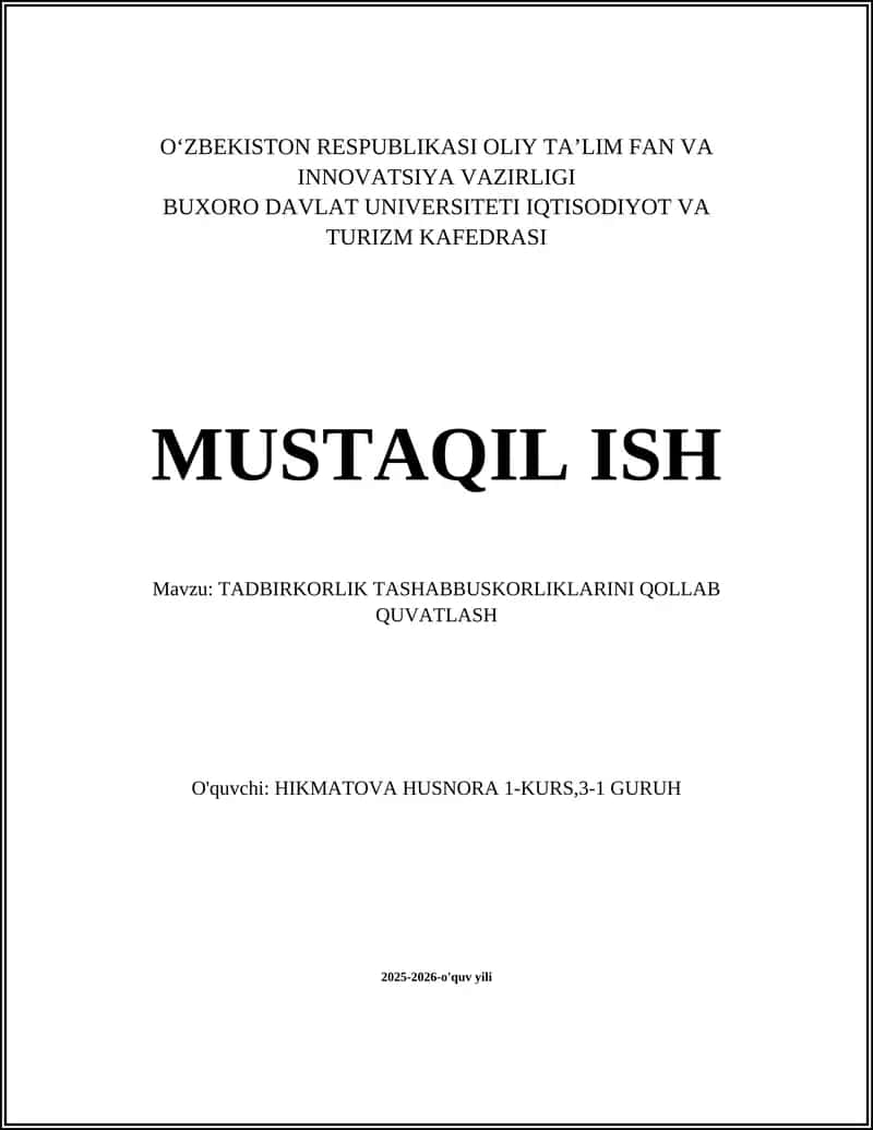TADBIRKORLIK TASHABBUSKORLIKLARINI QOLLAB QUVATLASH