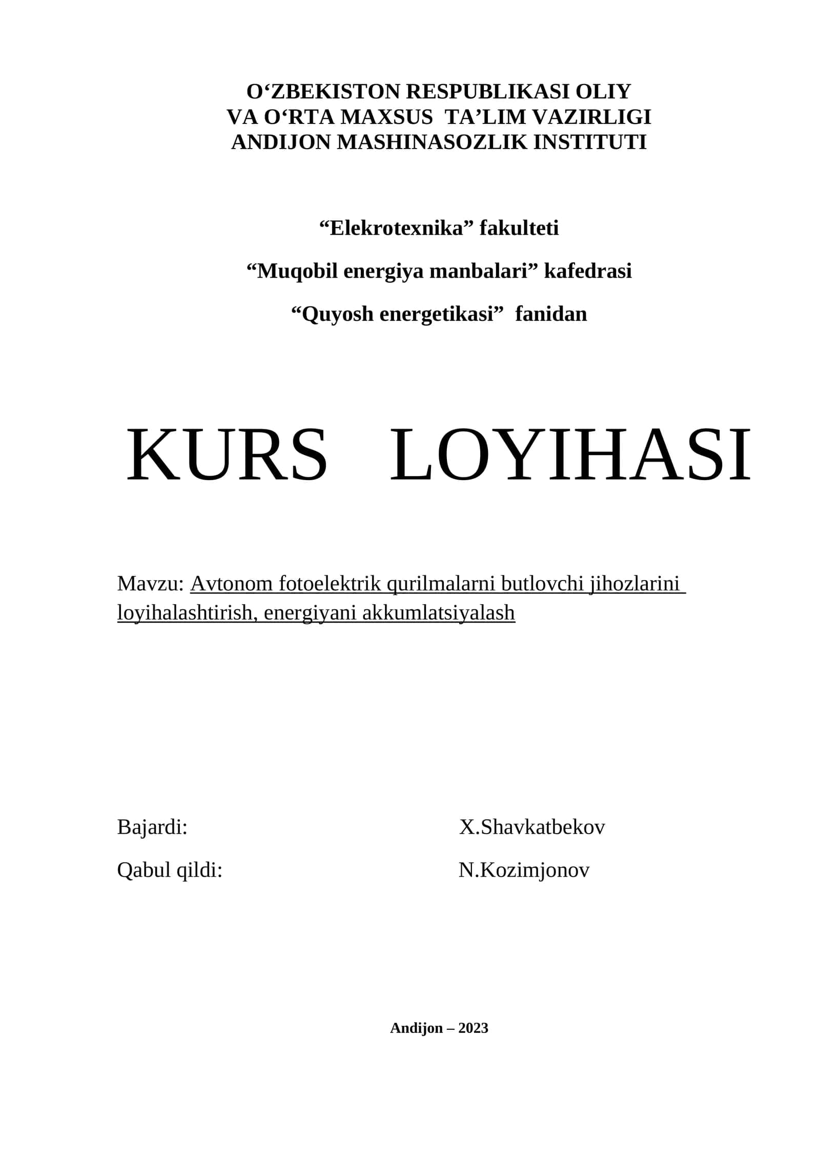Avtonom fotoelektrik qurilmalarni butlovchi jihozlarini loyihalashtirish