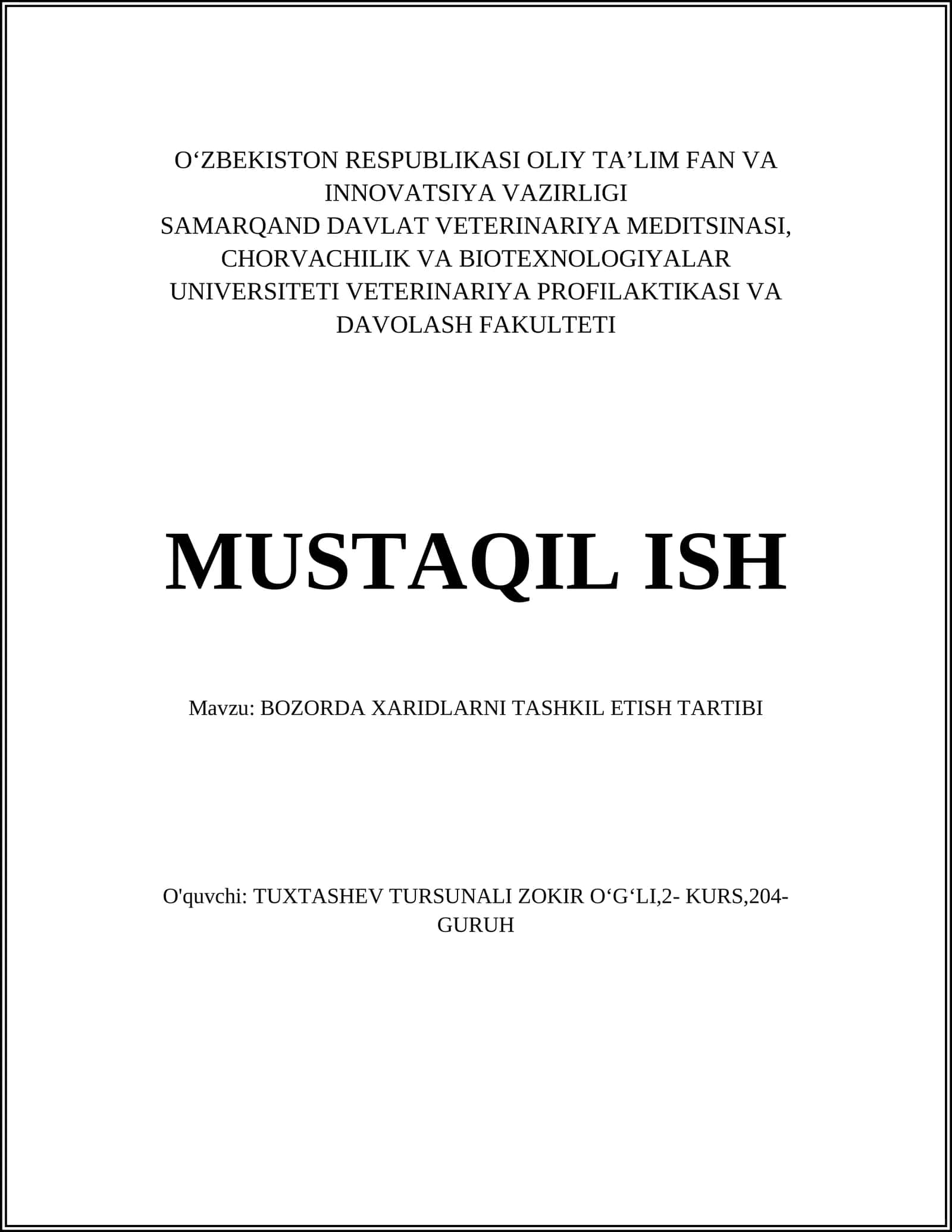 BOZORDA XARIDLARNI TASHKIL ETISH TARTIBI