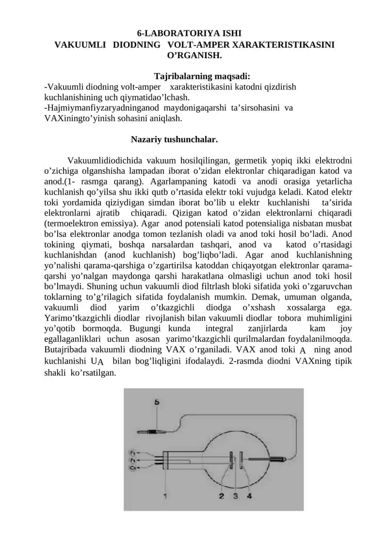 VAKUUMLI DIODNING VOLT-AMPER XARAKTERISTIKASINI O’RGANISH