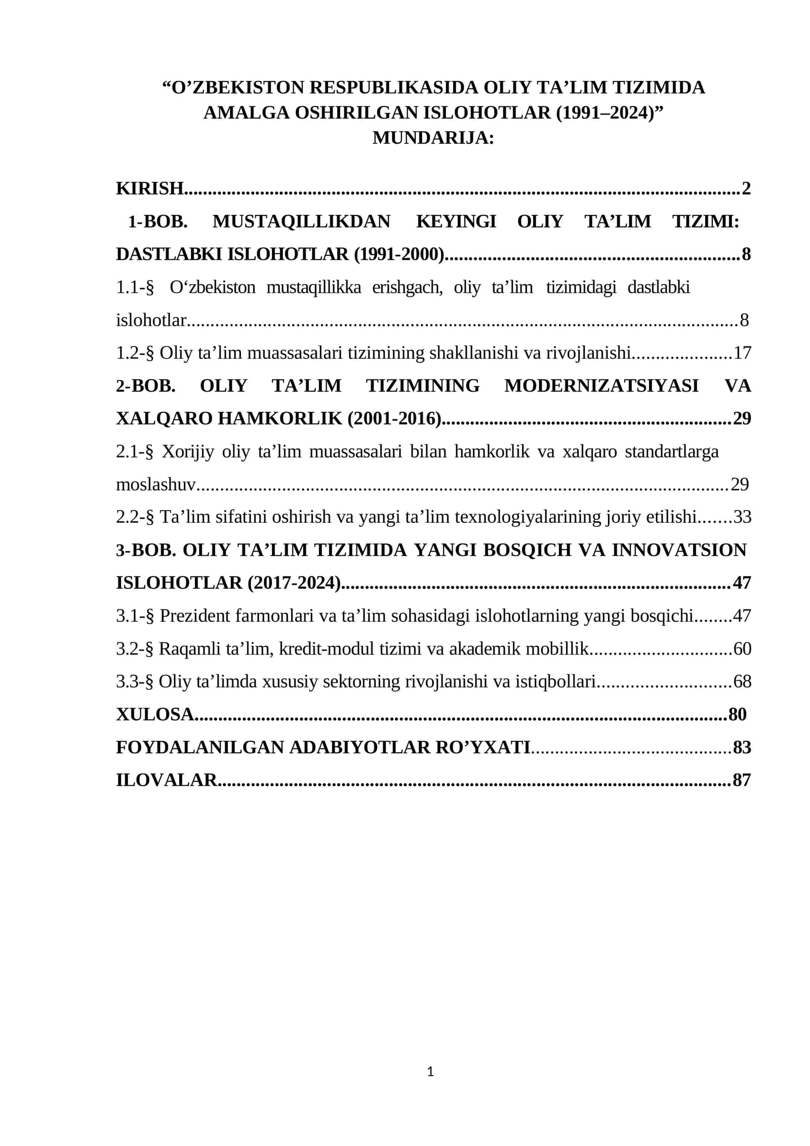 O’ZBEKISTON RESPUBLIKASIDA OLIY TA’LIM TIZIMIDA AMALGA OSHIRILGAN ISLOHOTLAR (1991–2025)