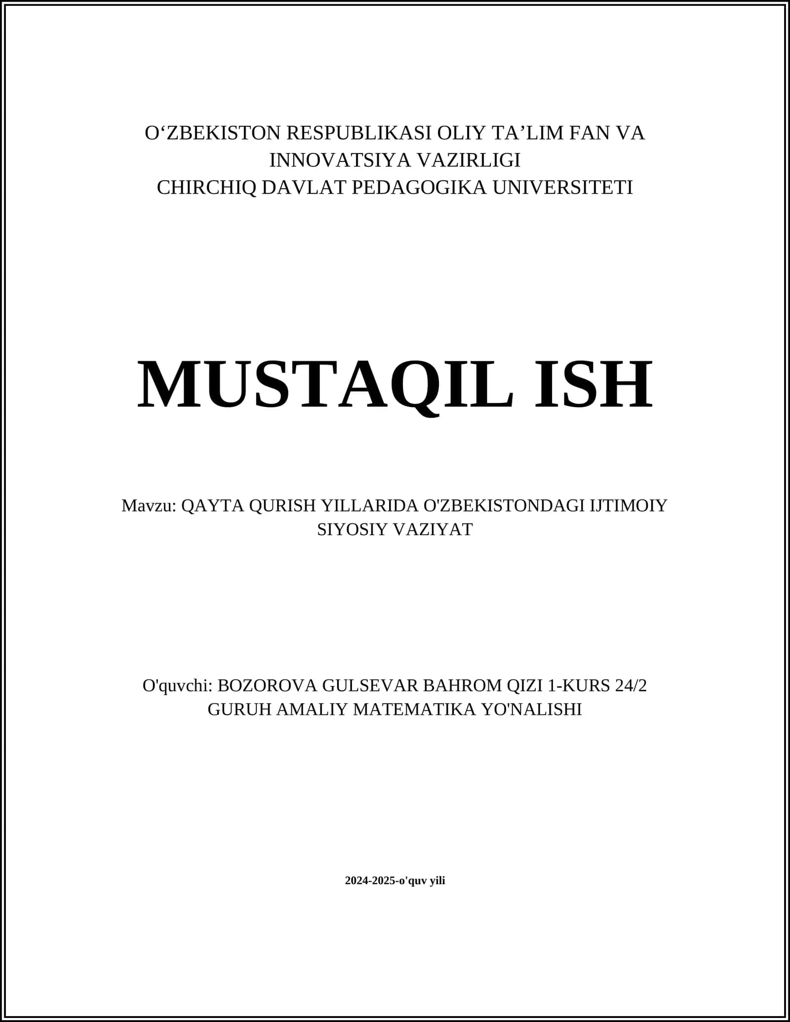 QAYTA QURISH YILLARIDA O'ZBEKISTONDAGI IJTIMOIY SIYOSIY VAZIYAT