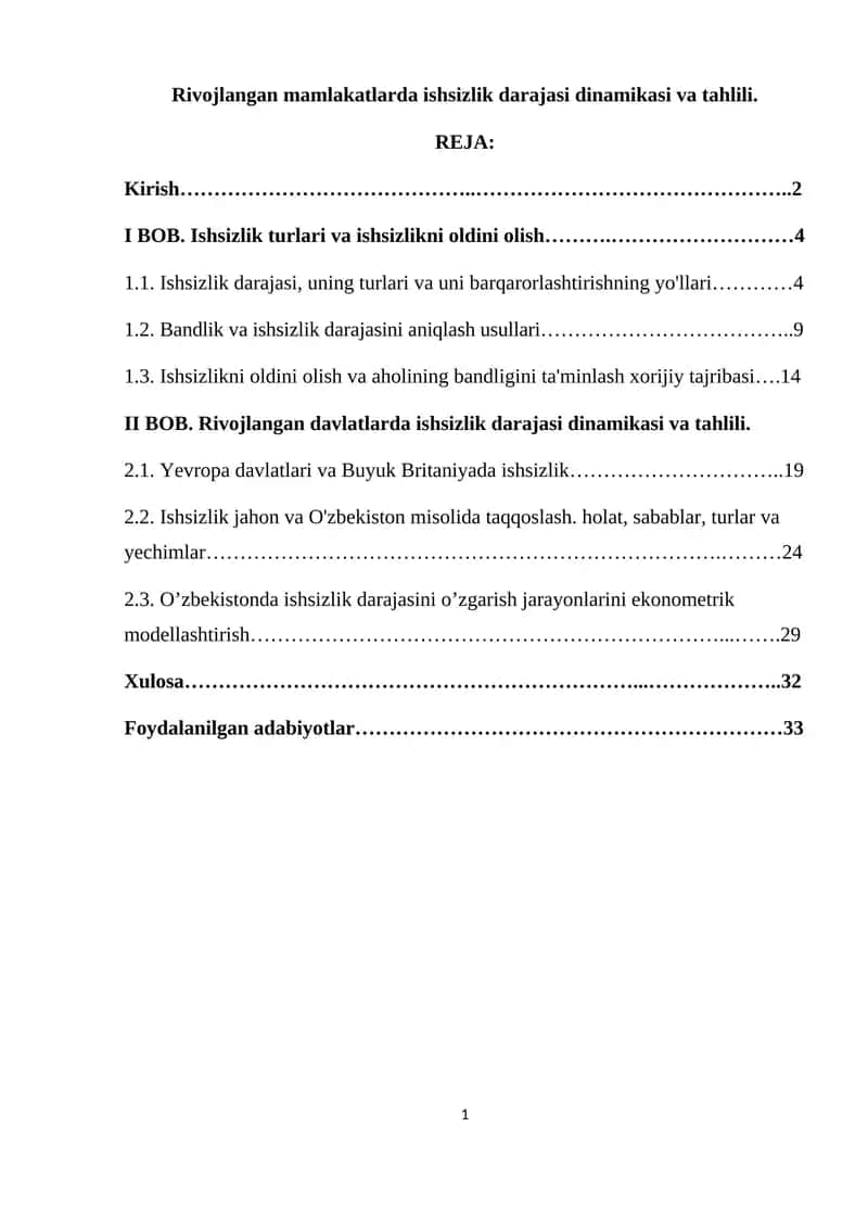 Mavzuning dolzarbligi: Jahon mamlakatlari ishsizlik tushunchasini BMT, Xalqaro Mehnat Tashkiloti (XMT), Iqtisodiy hamkorlik va rivojlanish jamiyati talabl