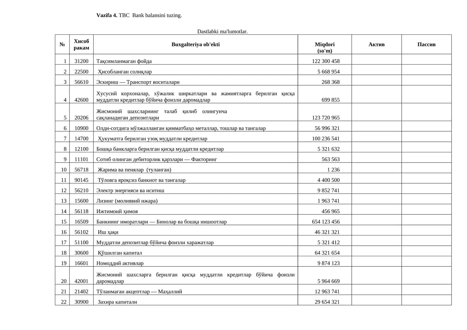 ТВС Bank balansini tuzing