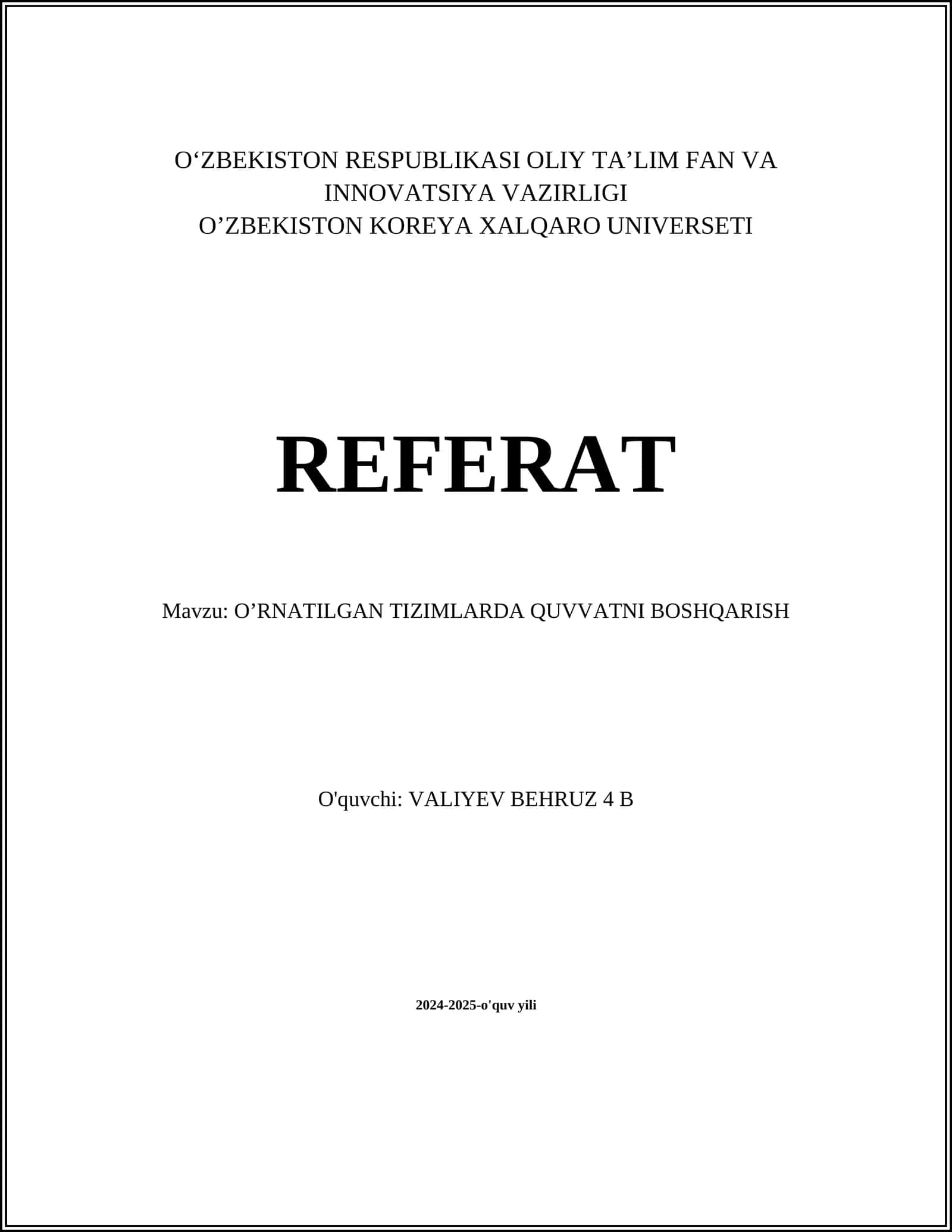 O‘RNATILGAN TIZIMLARDA QUVVATNI BOSHQARISH