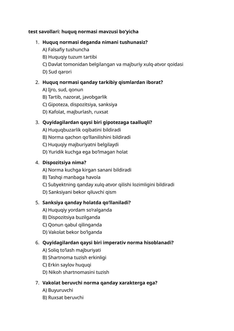Huquq normasi test savollari