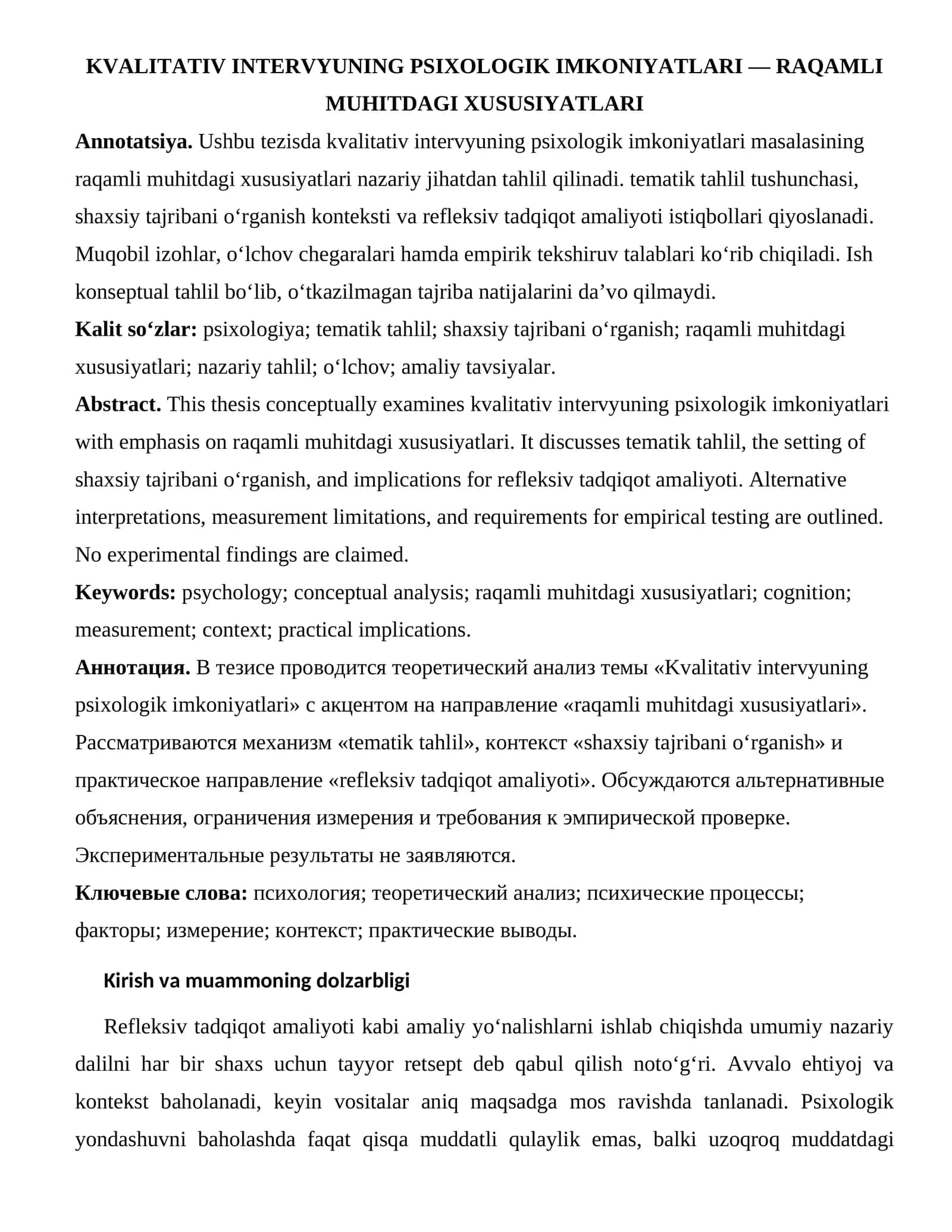 KVALITATIV INTERVYUNING PSIXOLOGIK IMKONIYATLARI — RAQAMLI MUHITDAGI XUSUSIYATLARI