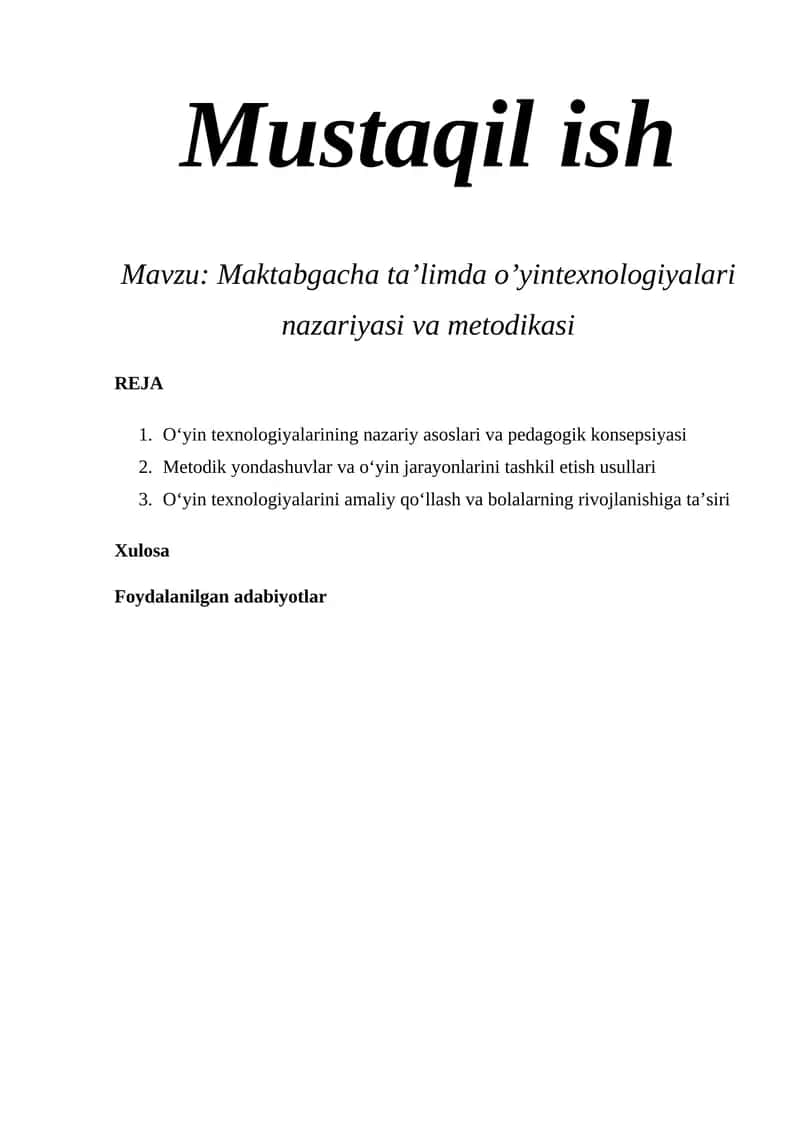 Maktabgacha ta’limda o’yintexnologiyalari nazariyasi va metodikasi