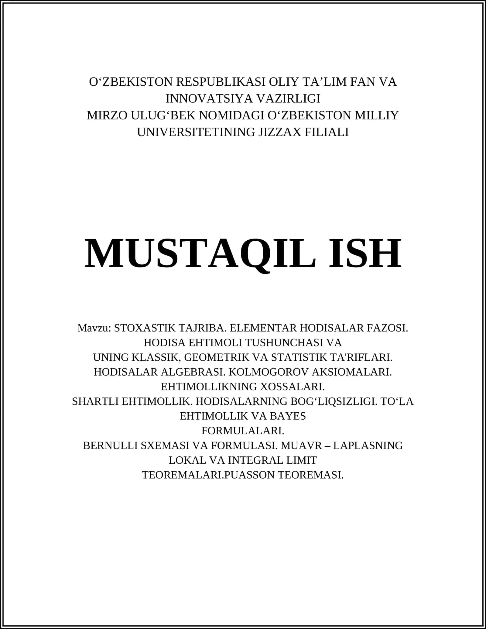 STOXASTIK TAJRIBA. ELEMENTAR HODISALAR FAZOSI. HODISA EHTIMOLI TUSHUNCHASI VA UNING KLASSIK, GEOMETRIK VA STATISTIK TA'RIFLARI